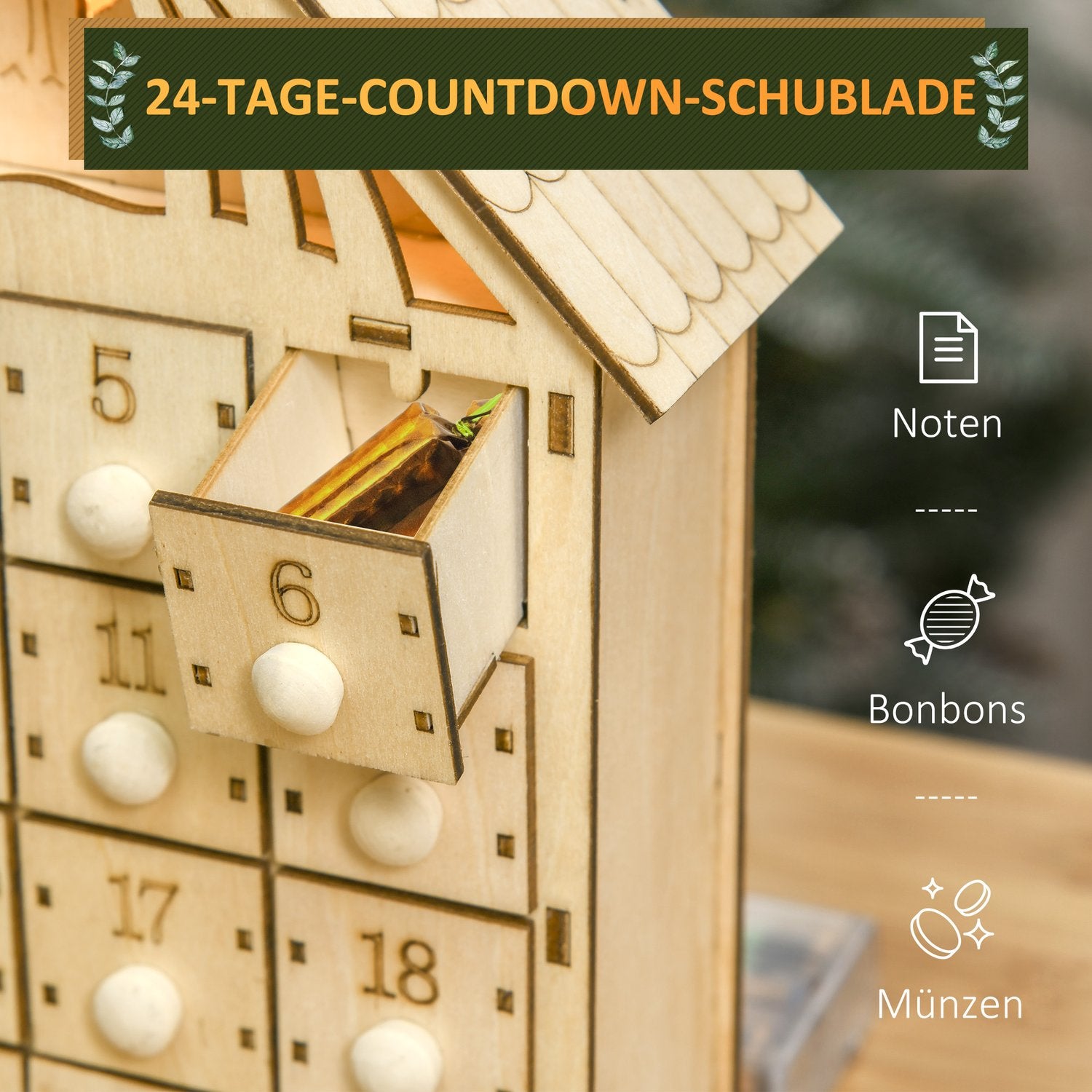 Adventskalender met 24 led-verlichte houten doosjes