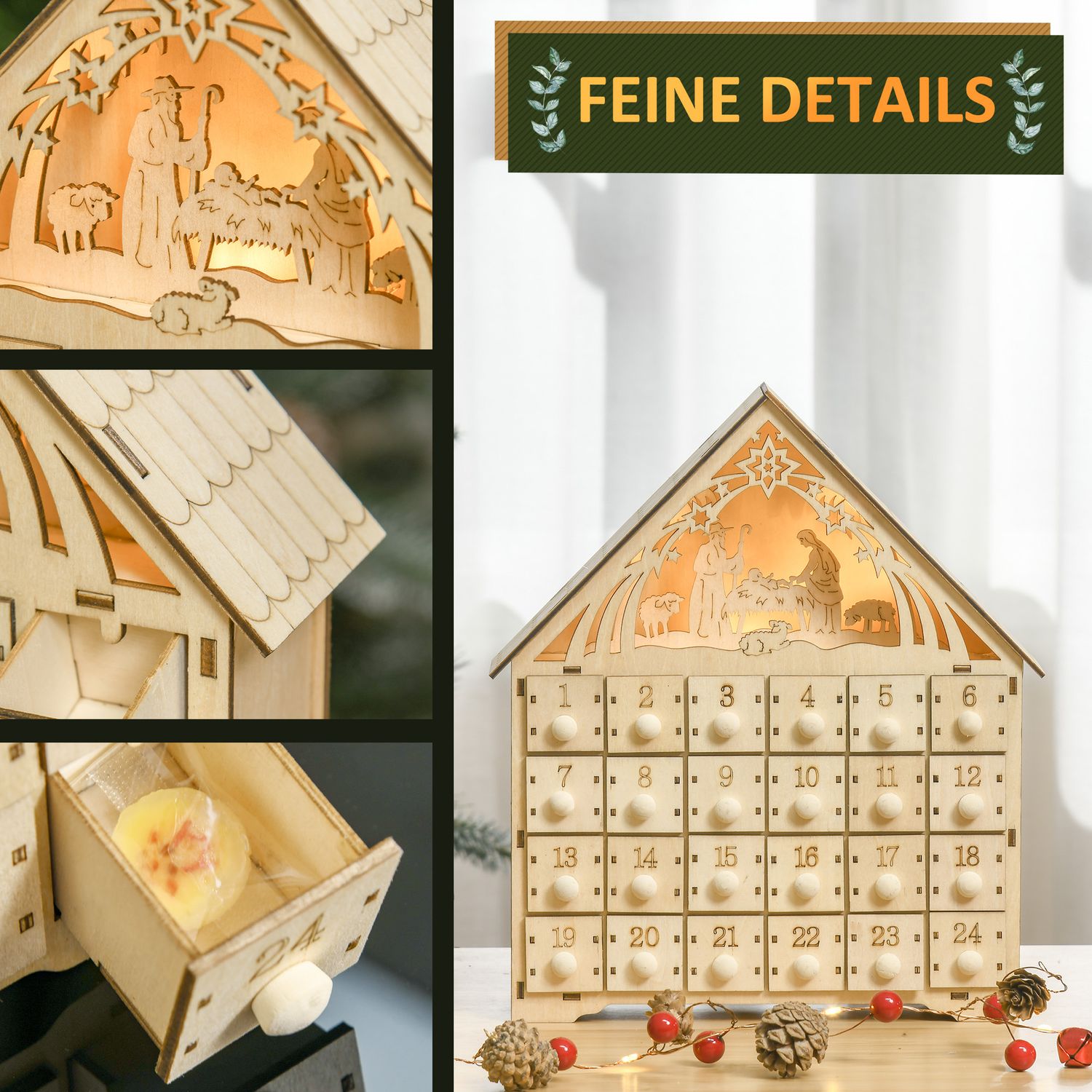 Adventskalender met 24 led-verlichte houten doosjes