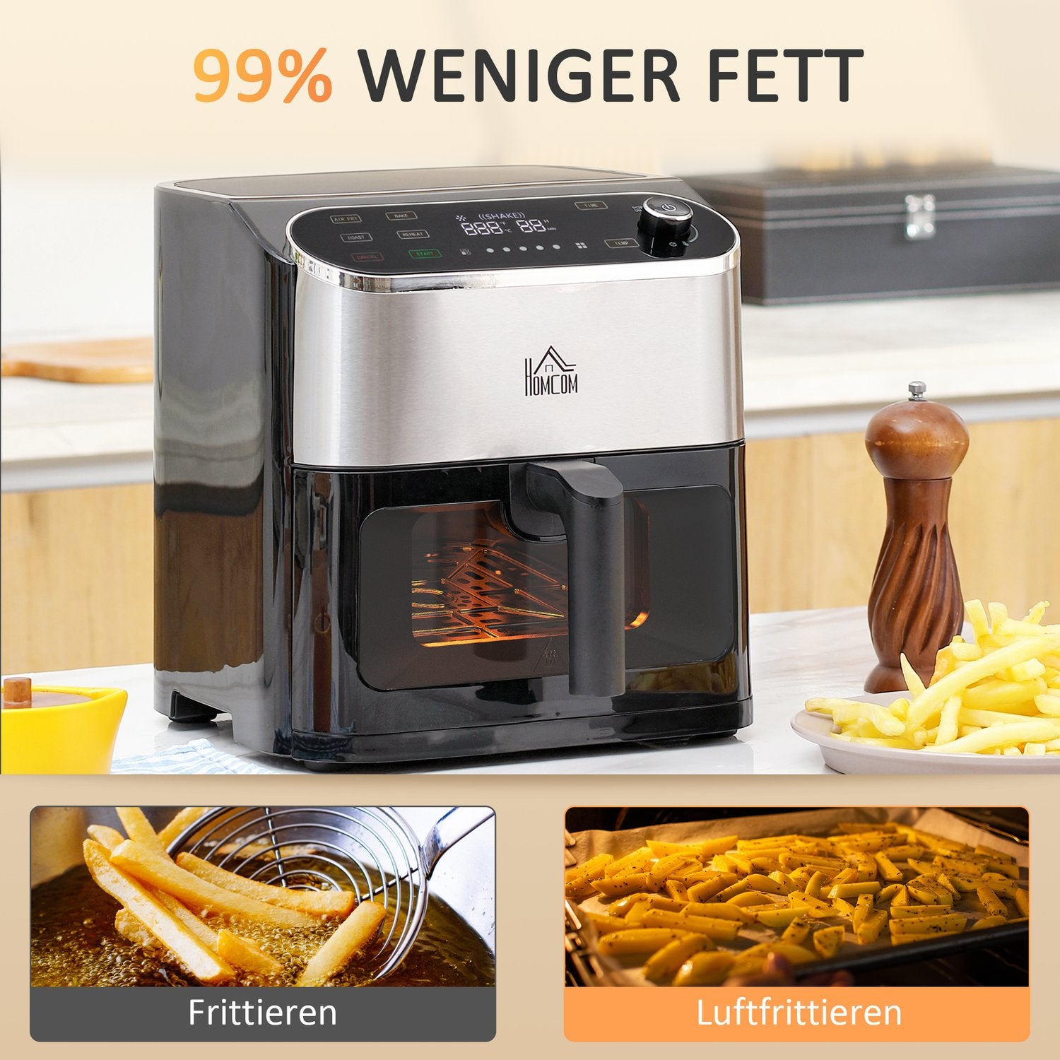 Airfryer met touchscreen, 6,5L, 1350W, antiaanbakmand