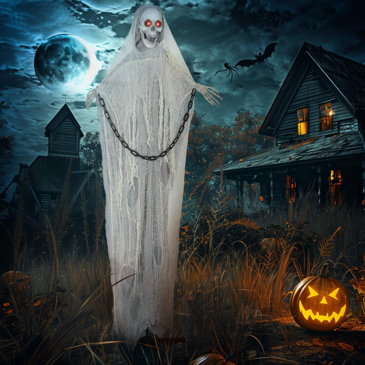 Bewegende Magere Hein-halloweendecoratie, 183 cm, lichtgevende ogen