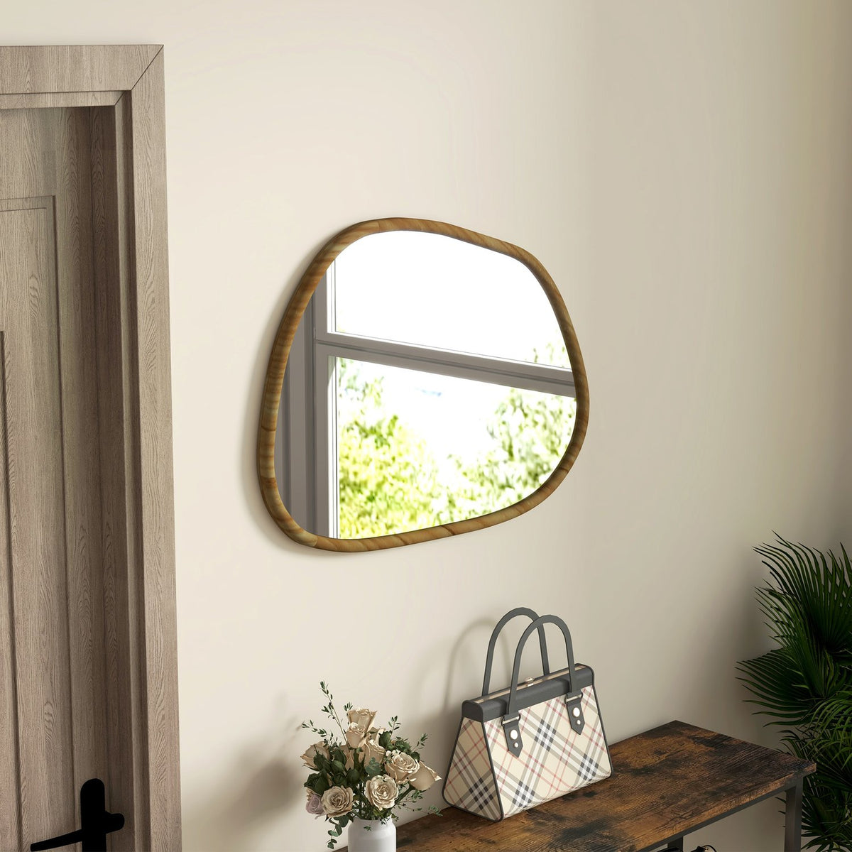 Asymmetrische wandspiegel, 70x50cm houten frame, antioxidant