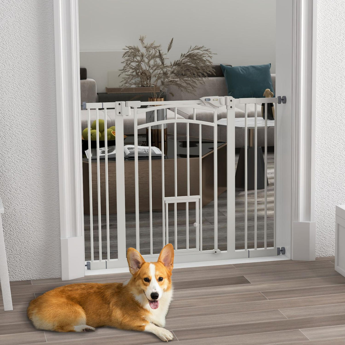 Auto-Close Huisdierhekje met Kattenluik, 74-100 cm, Wit