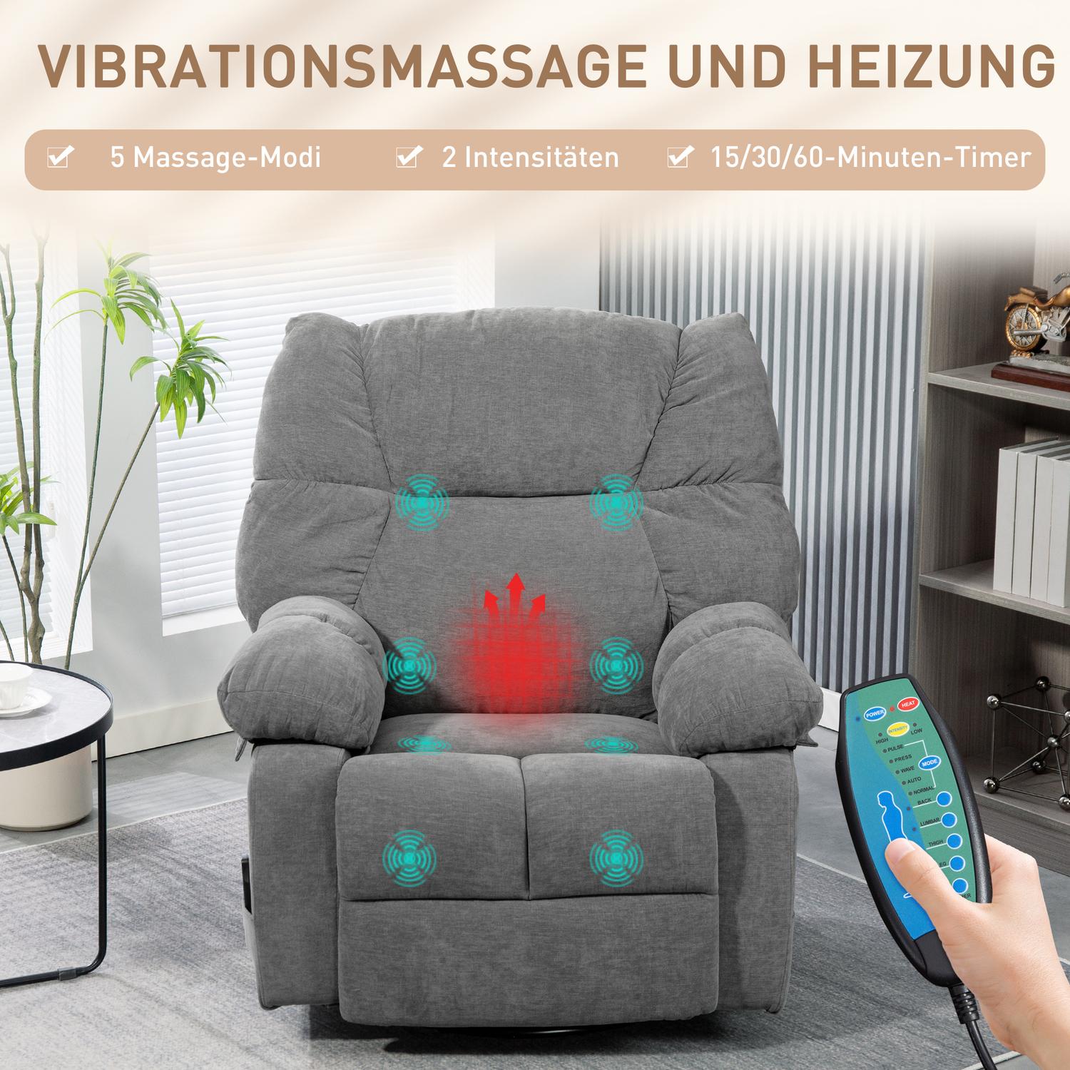 Ontspannende stoel met massagefunctie, ligfunctie, draaibare massagestoel, 4 zijvakken en afstandsbediening, donkergrijs