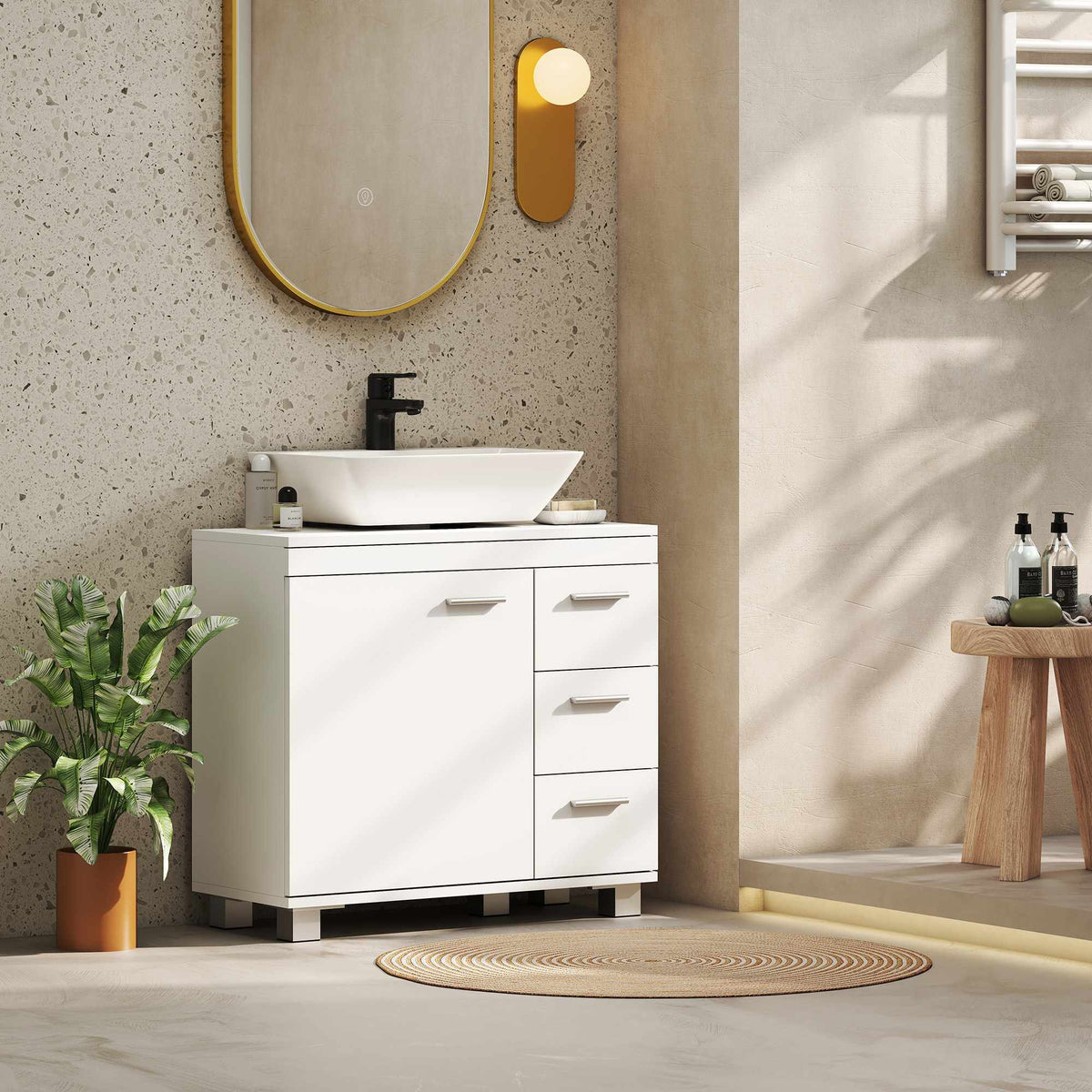 Wastafelonderkast voor de badkamer, MDF, 2 planken, 3 laden, wit
