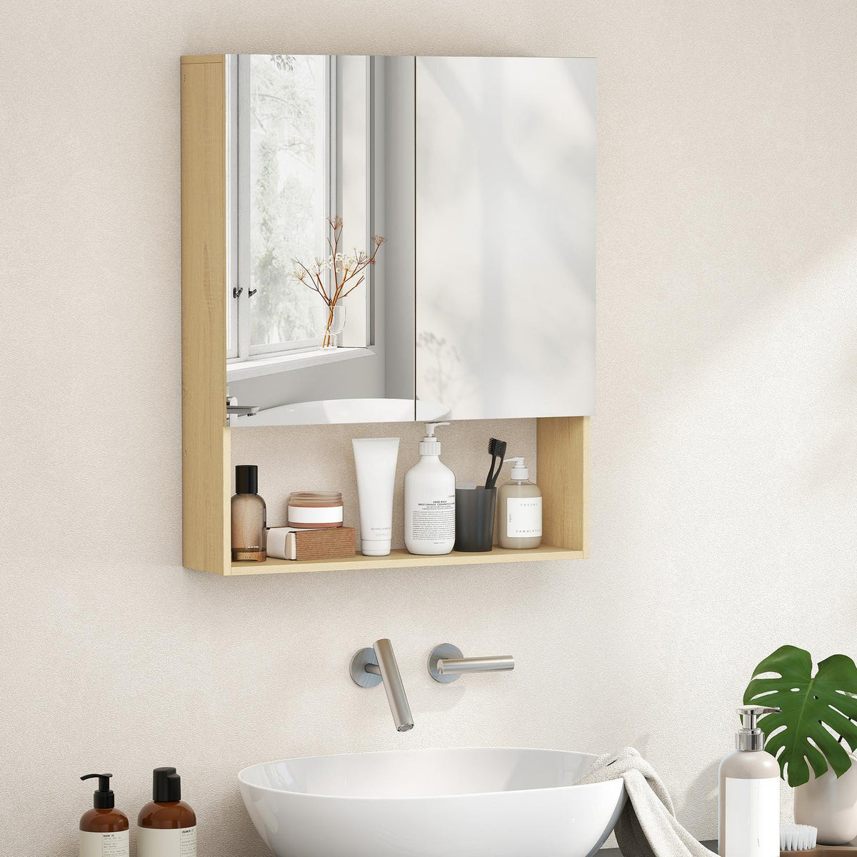 Badkamerkast met spiegeldeuren, wandmontage, eikenafwerking