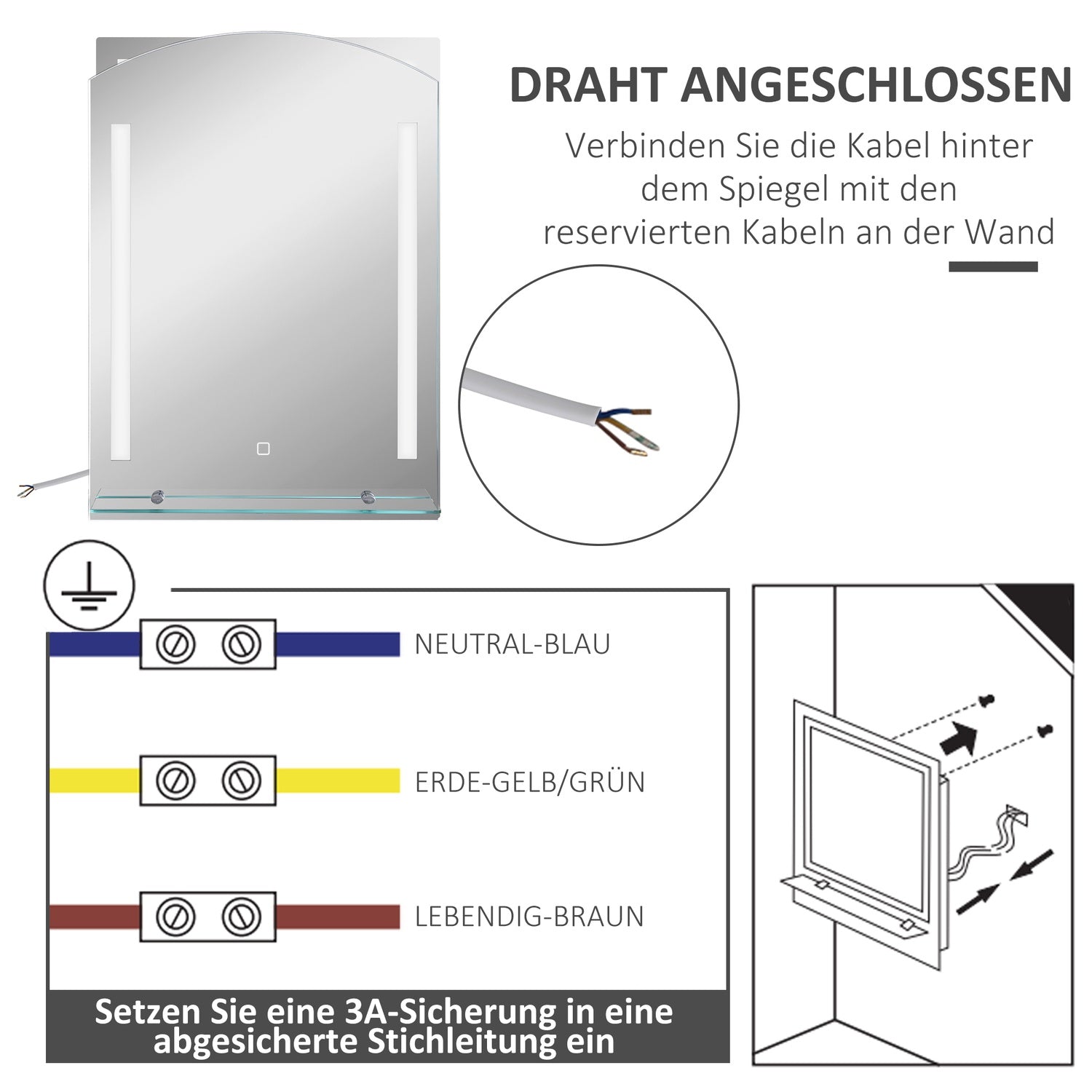 Badkamerspiegel met verlichting, 3 kleuren & Touchschakelaar, 50x70cm