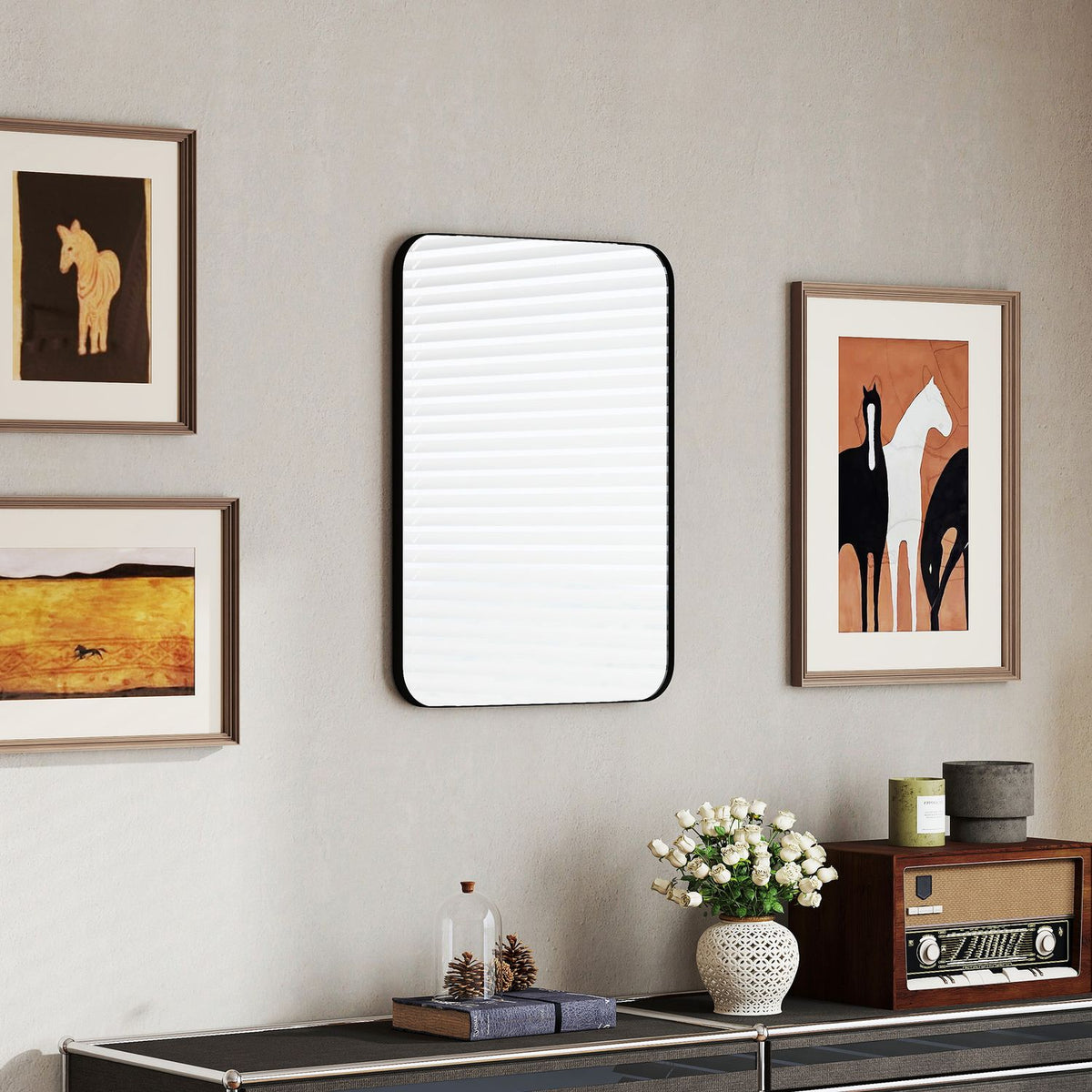 Badkamerspiegel, veiligheidsfolie, metalen frame, 50x70 cm, zwart
