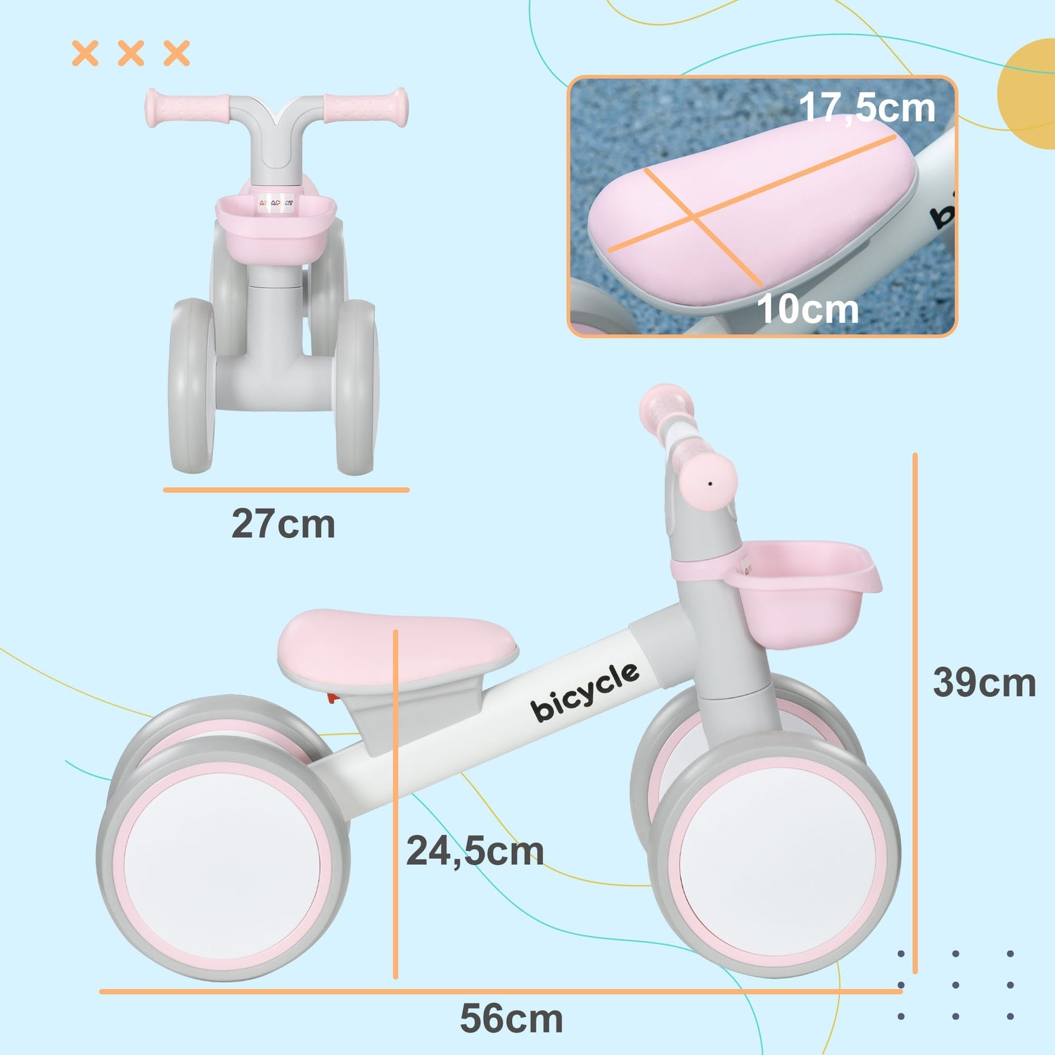Loopfiets voor peuters, Roze/Wit, TPU-wielen zonder schroeven