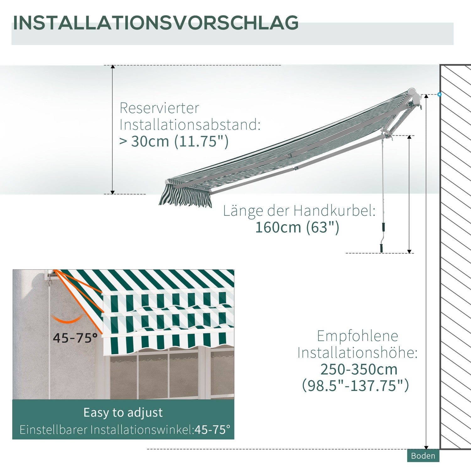 Balkon knikarmscherm – 3x2,5M, Zonwering, Groen/Wit