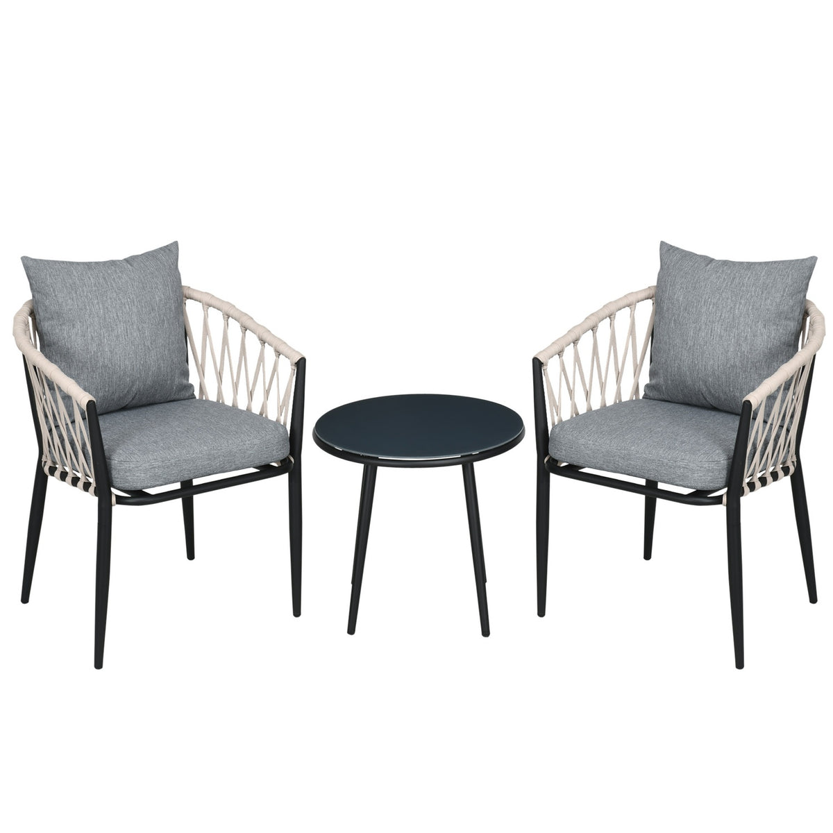 Balkonset – Stalen tafel & 2 stoelen met kussens, grijs