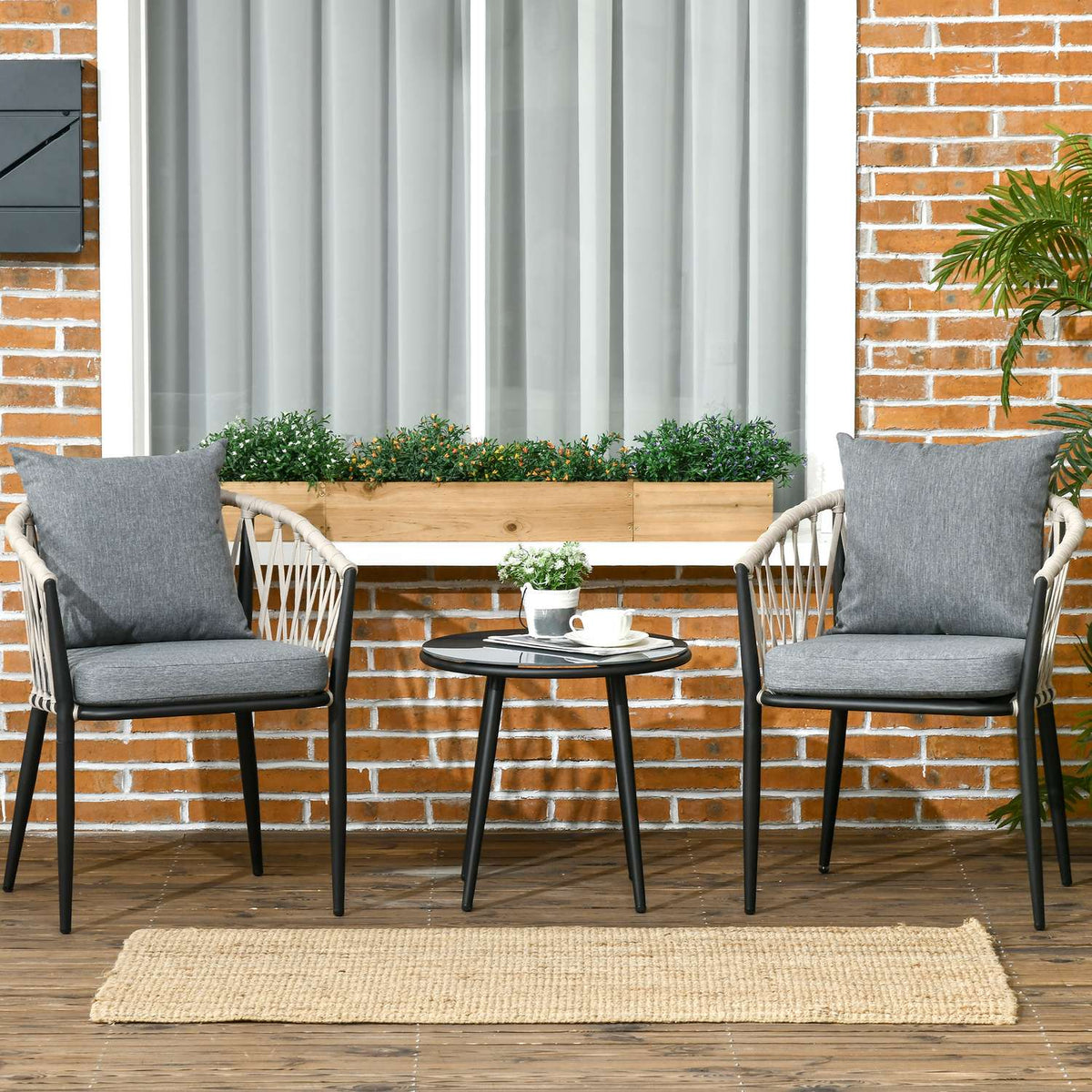 Balkonset – Stalen tafel & 2 stoelen met kussens, grijs