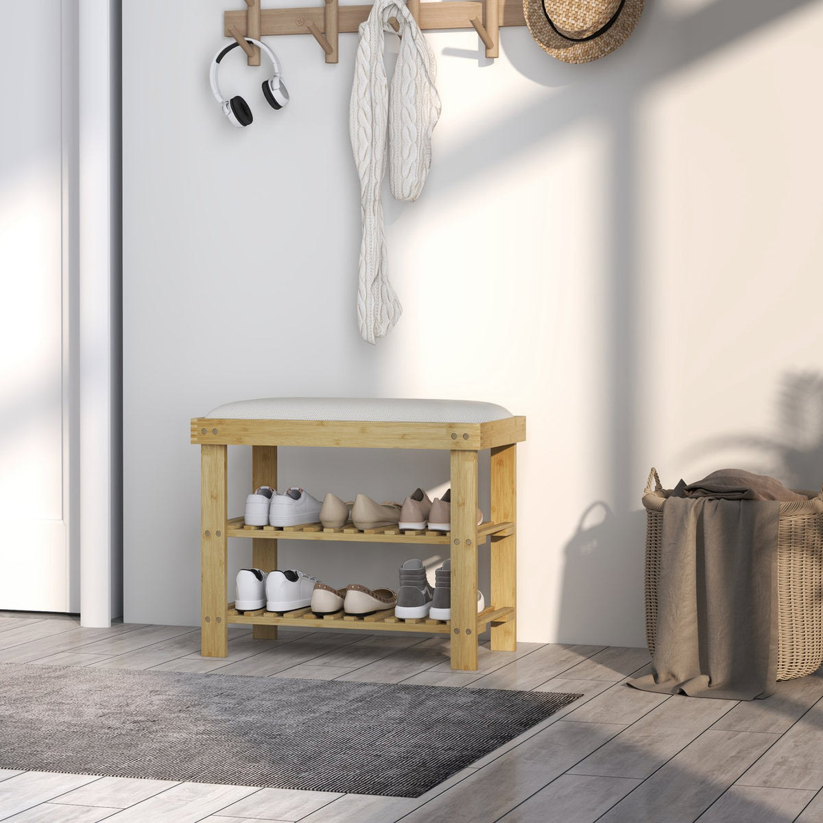 Bamboe Schoenbankje met opbergruimte, Crèmewit, 60x29x49 cm