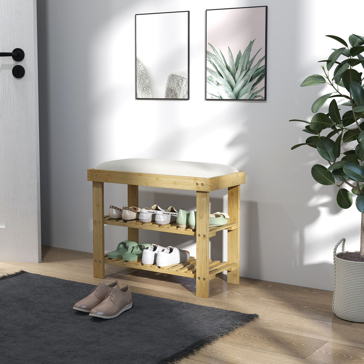 Bamboe Schoenbankje met opbergruimte, Crèmewit, 60x29x49 cm