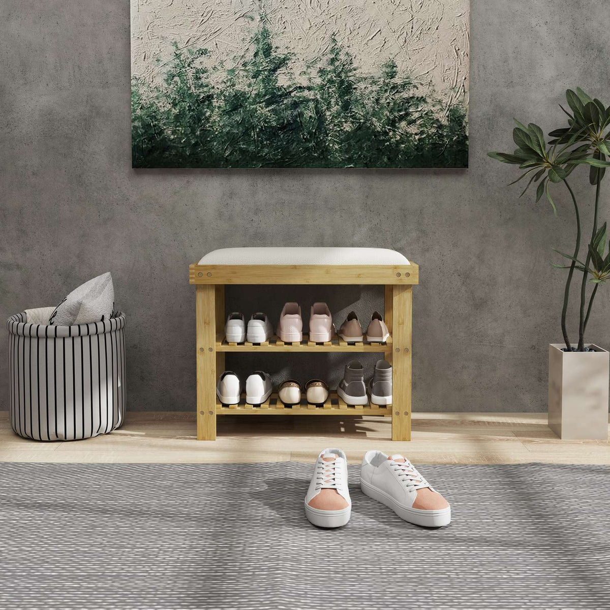 Bamboe Schoenbankje met opbergruimte, Crèmewit, 60x29x49 cm