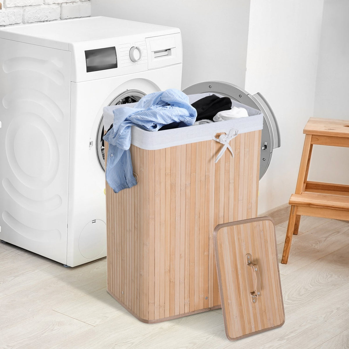 Bamboe opvouwbare wasmand 72L – Canvaszak met deksel