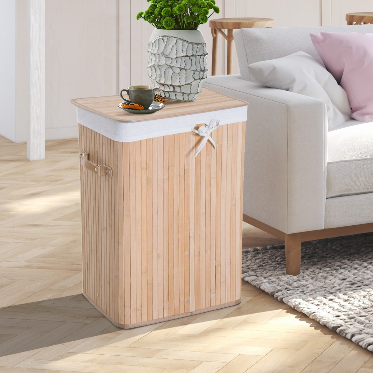 Bamboe opvouwbare wasmand 72L – Canvaszak met deksel
