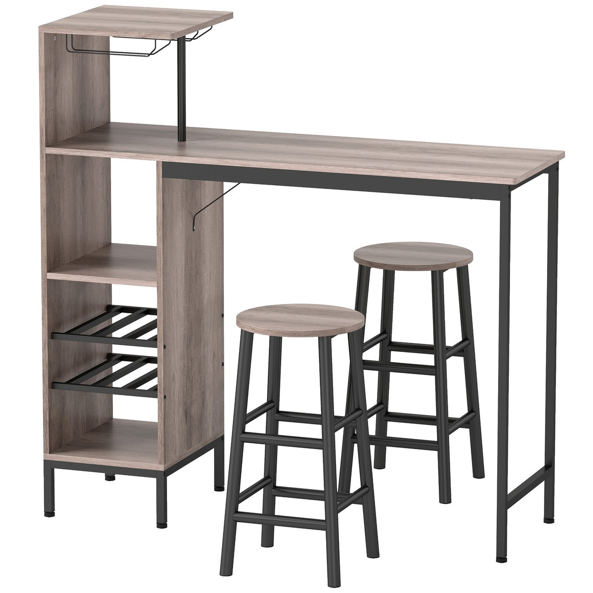 Bartafelset, opbergruimte, wijnrek, krukken, grijs