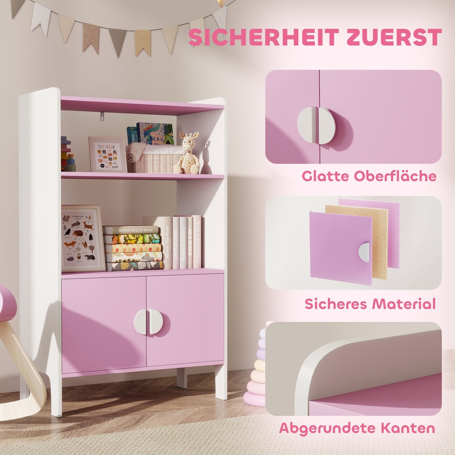 Barnbokhylla, 2 hyllor, 2 skåp, tippskydd, MDF