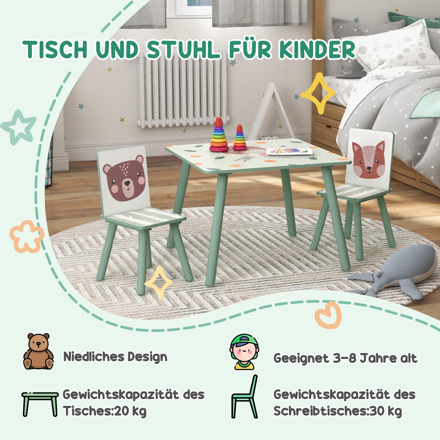 Barnbord och stolar – djurdesign, 3-8 år, grönt