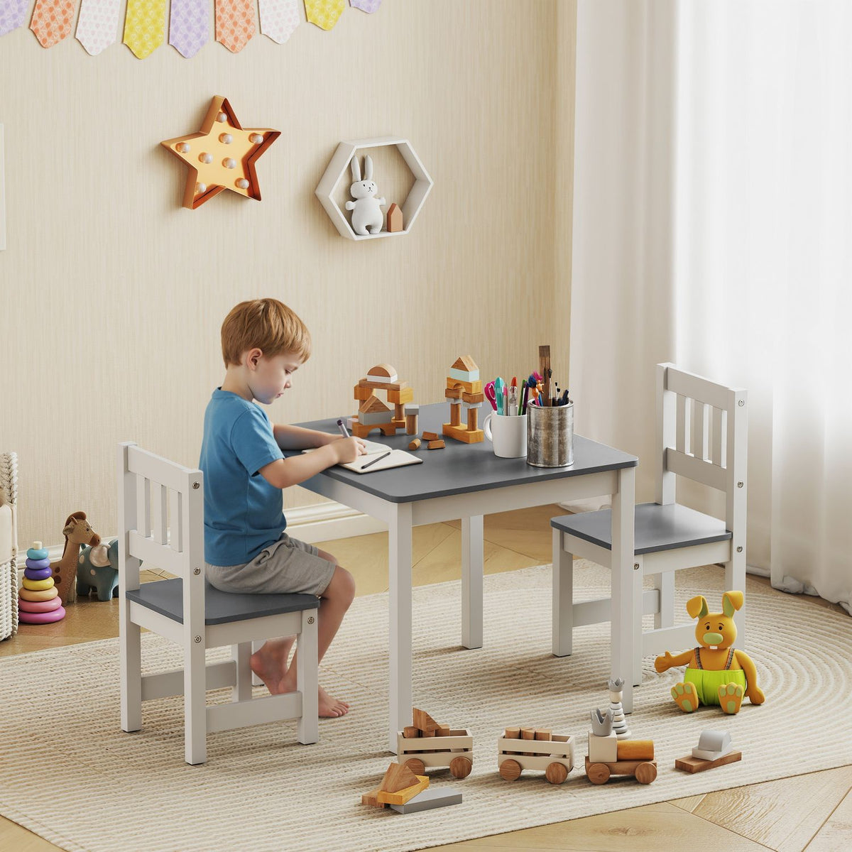 Kindertafel en stoelenset, 3-delig, grijs, hout