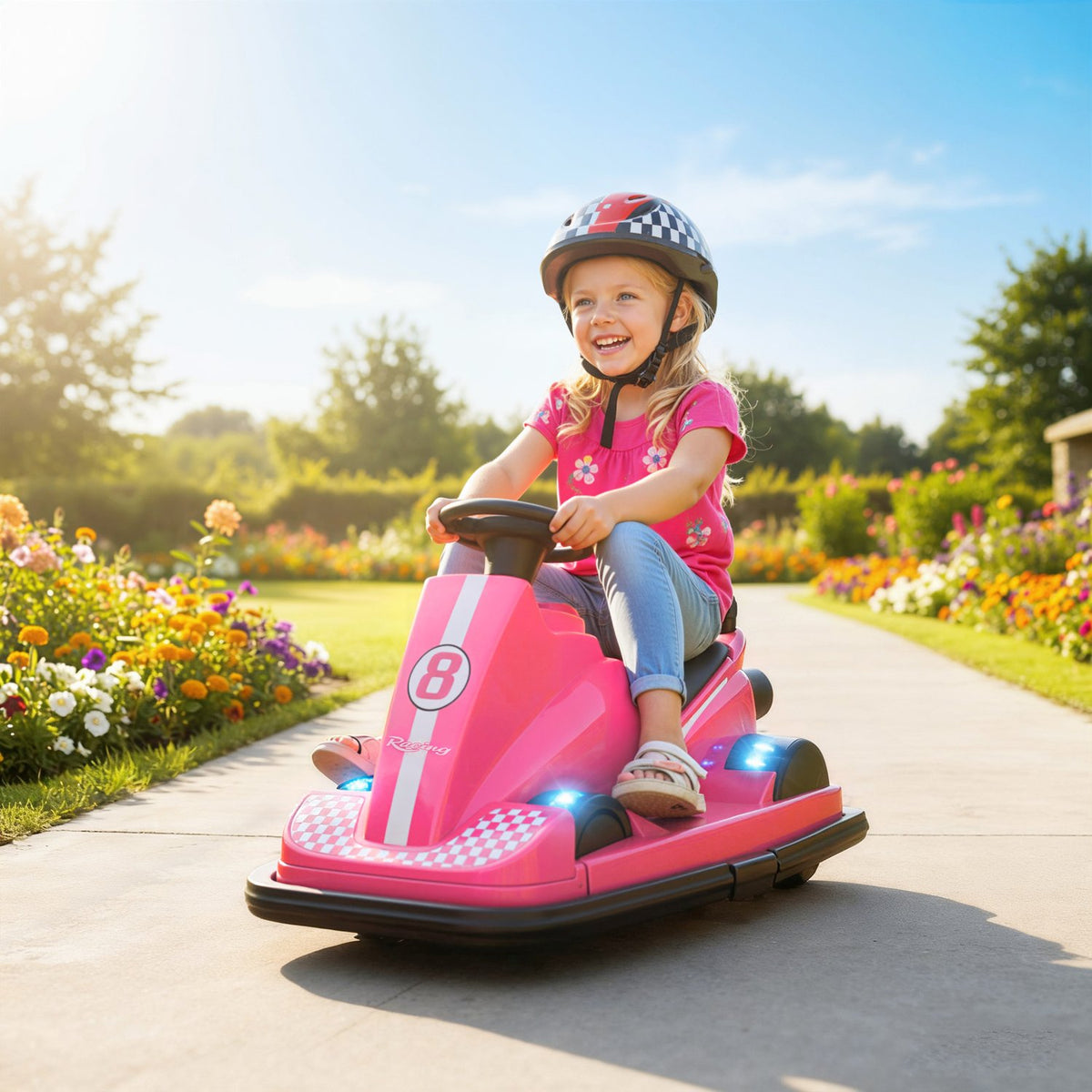 Kinderbumperauto, 360 graden draaien, ledverlichting, muziek, roze