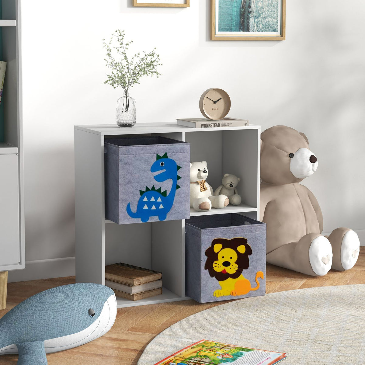 Opbergrek voor kinderen met kubussen en lades, MDF, wit