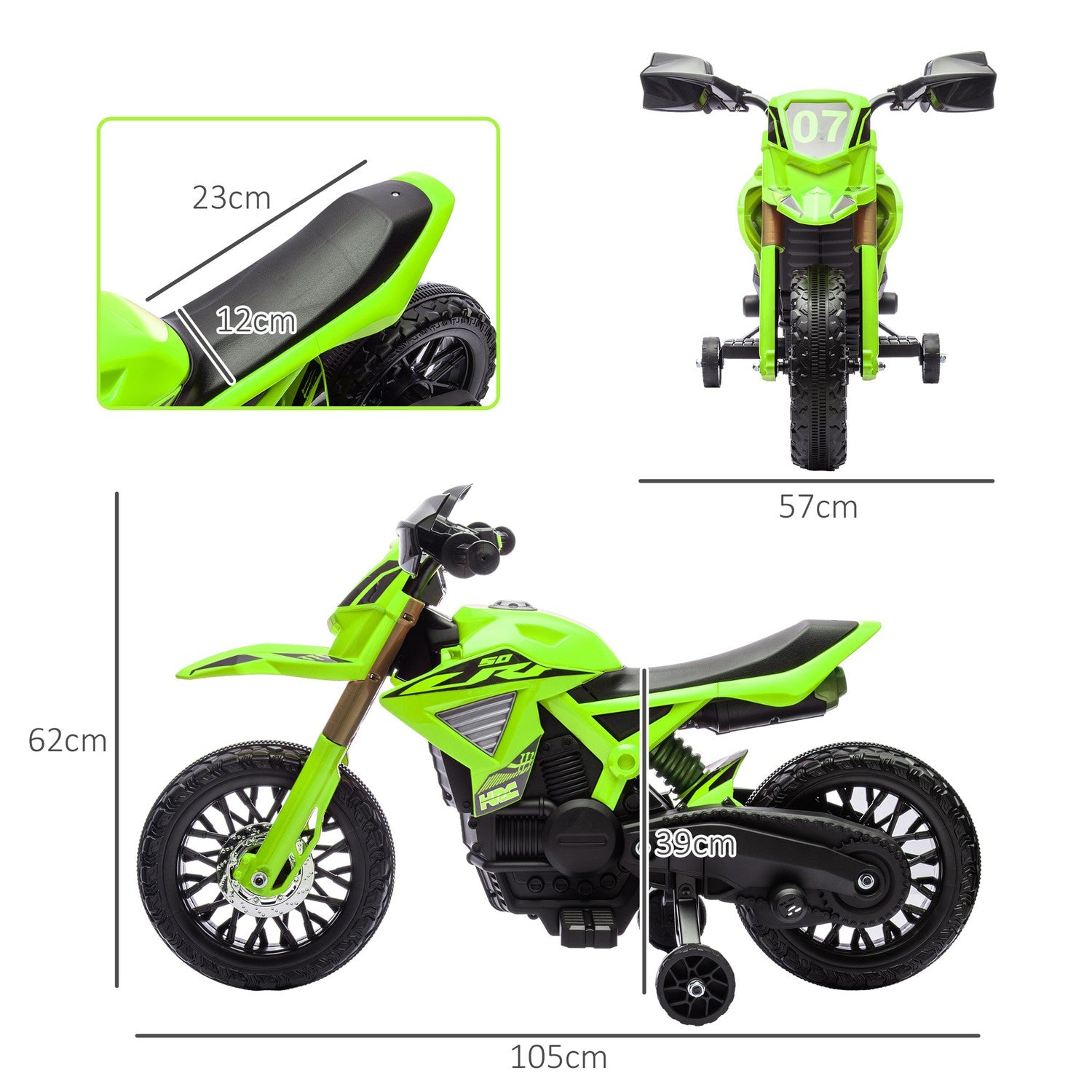 Barns 6V elmotorcykel med träningshjul - grön