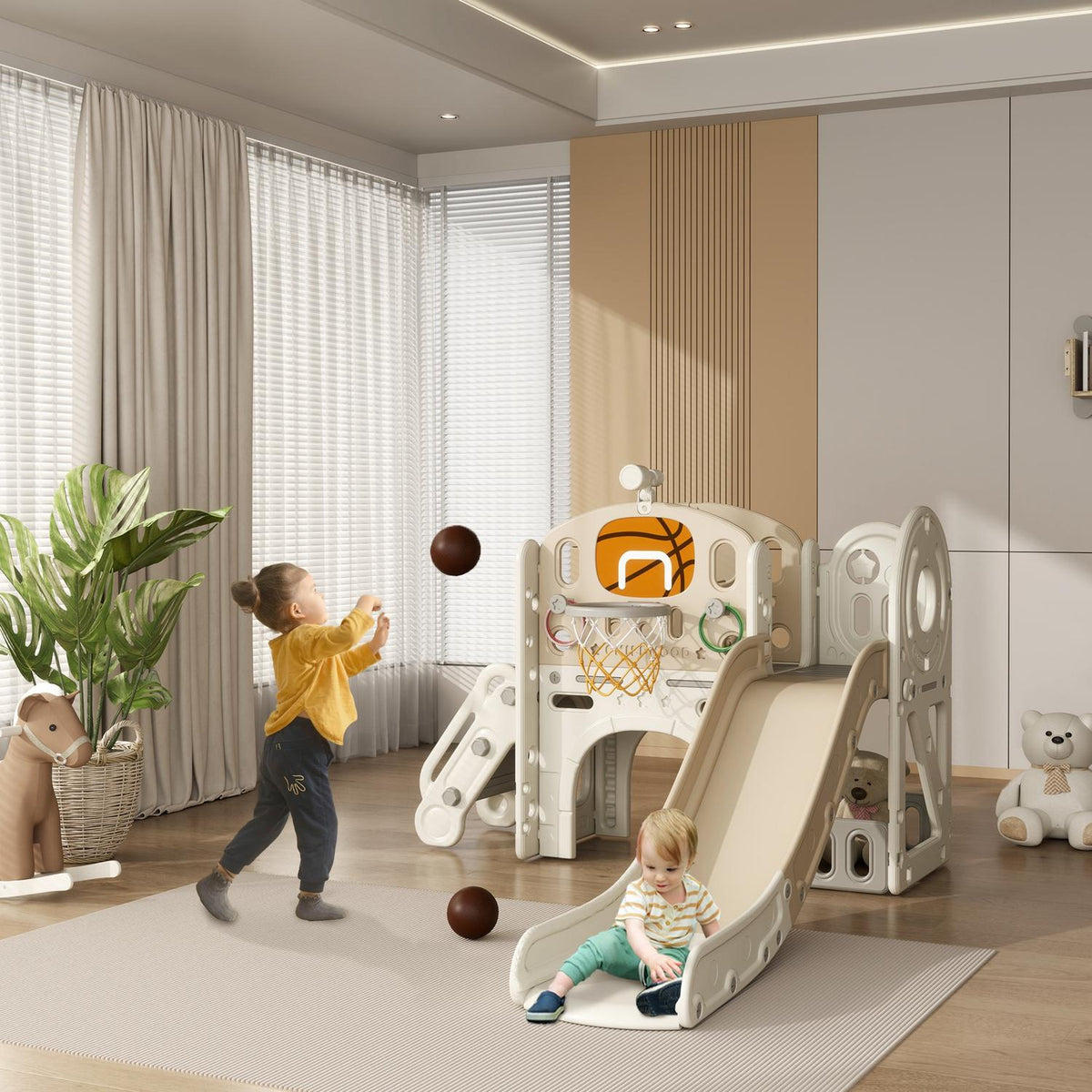 Kinder 7-in-1 glijbaan klimrek met basketbalring