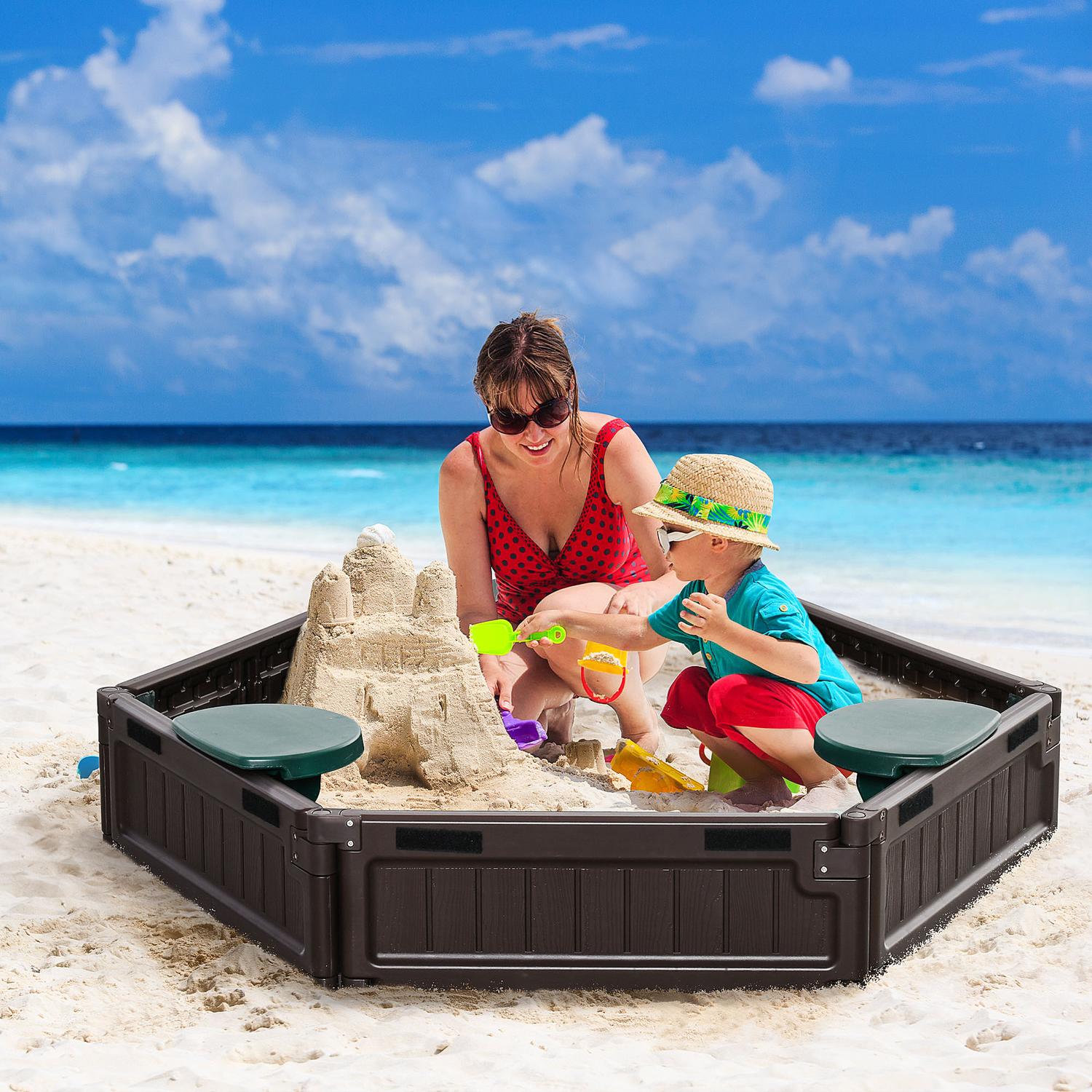 Kinderspeelzandbak met zitjes – HDPE, bruin, Ø120x21cm