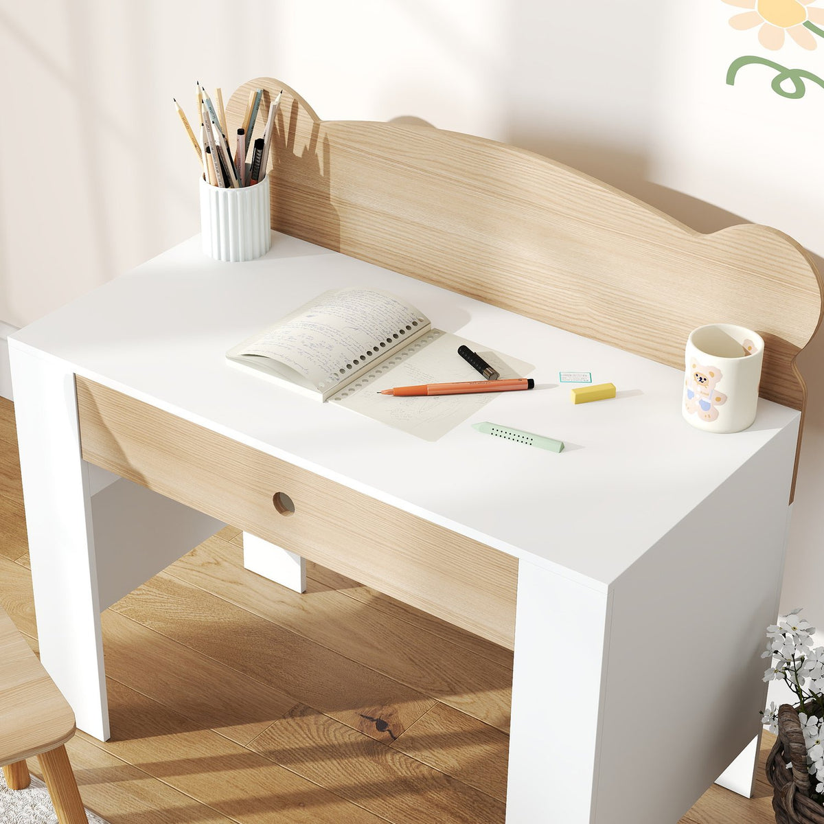 Kinderbureau set, bureau en stoel in de vorm van een beer met lade, voor schrijven en knutselen, 3-8 jaar, natuurlijk hout