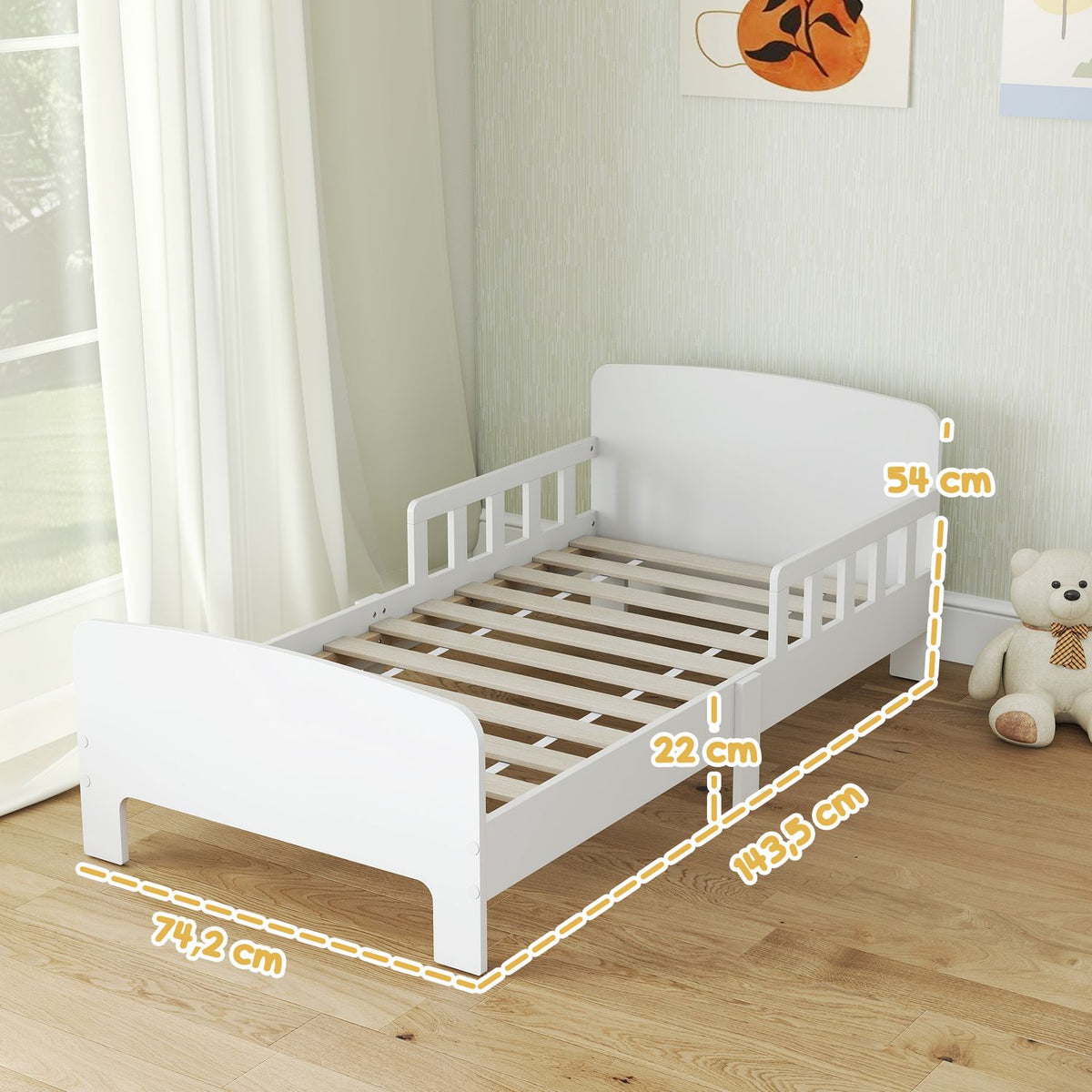 Kinderbed met veiligheidshekken, MDF, leeftijden 3–8 jaar, wit