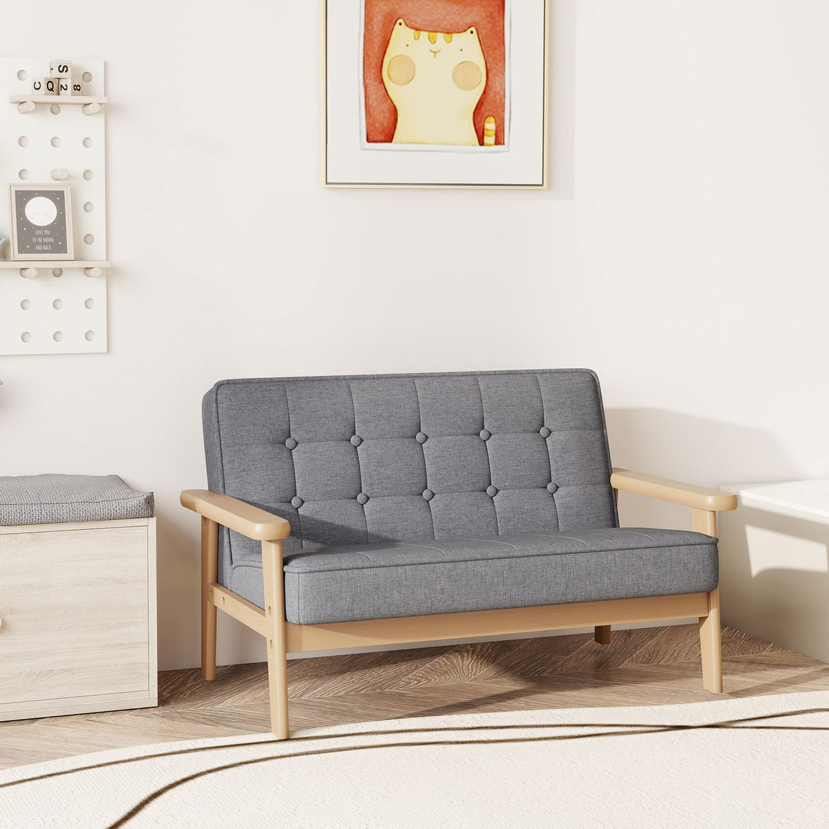 Kinderbank, fluweelachtige look, houten frame, voor kinderen van 3–15 jaar, grijs