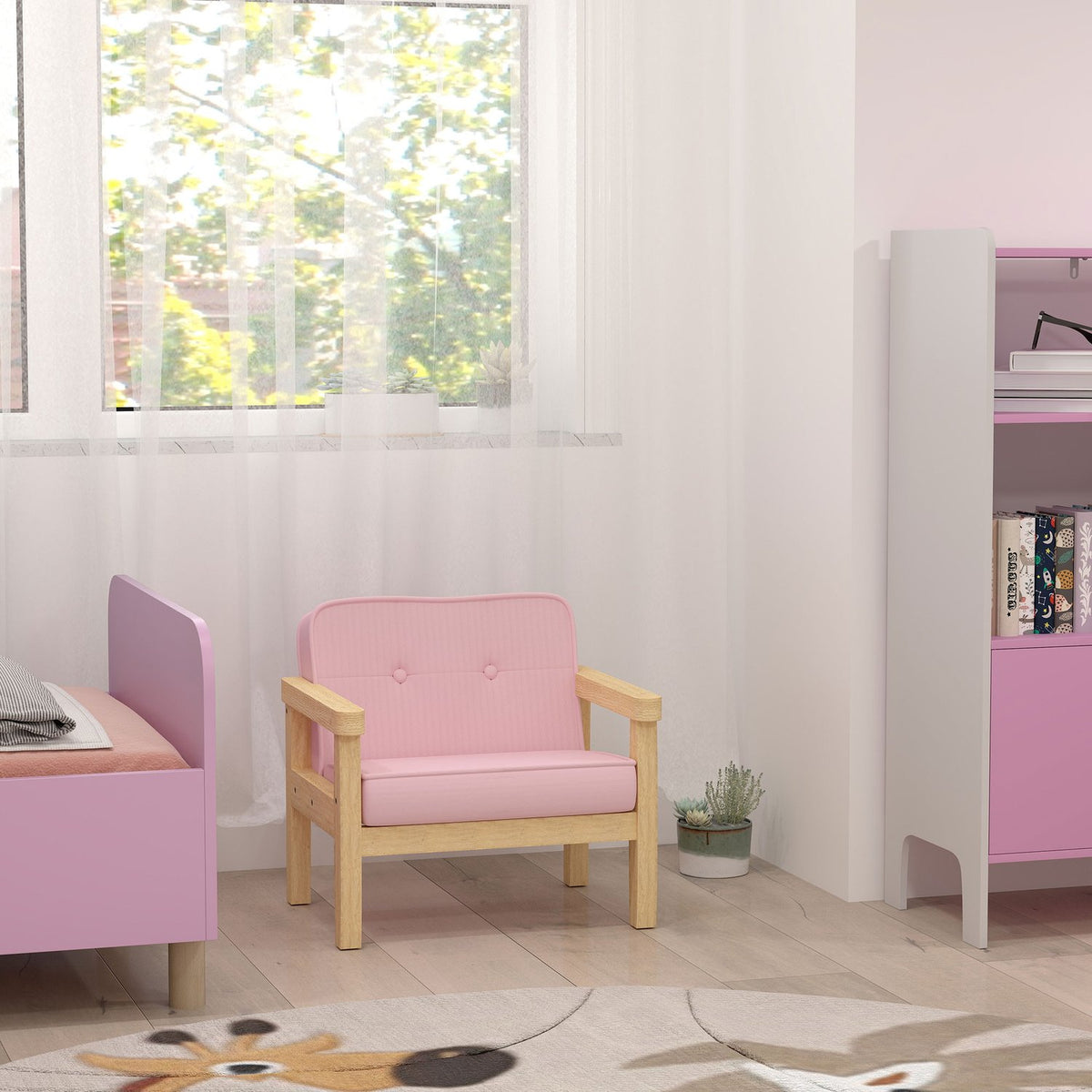 Kinderstoel van ribfluweel, schuim en houten poten, 3-8 jaar, roze