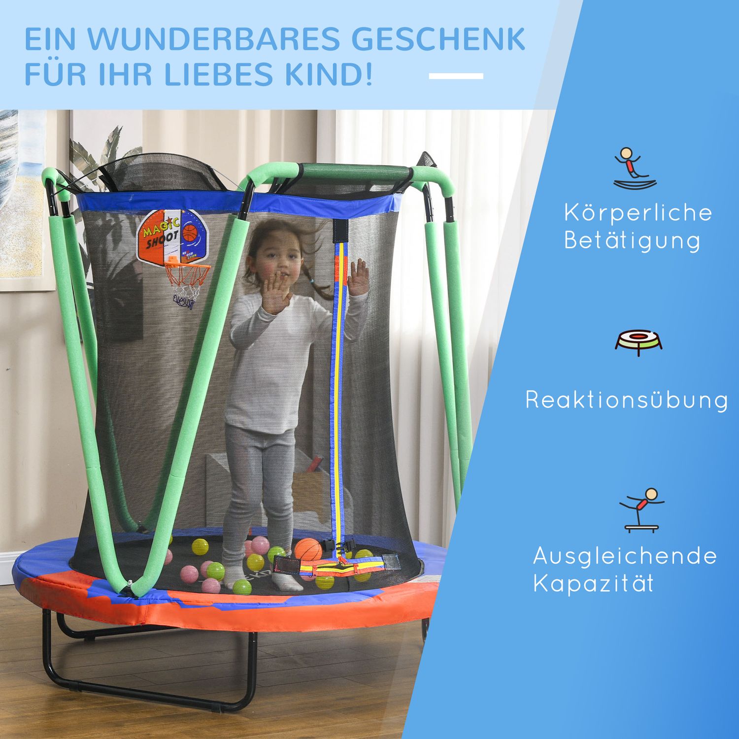 Kindertrampoline met vangnet en basketbalring, 140 cm