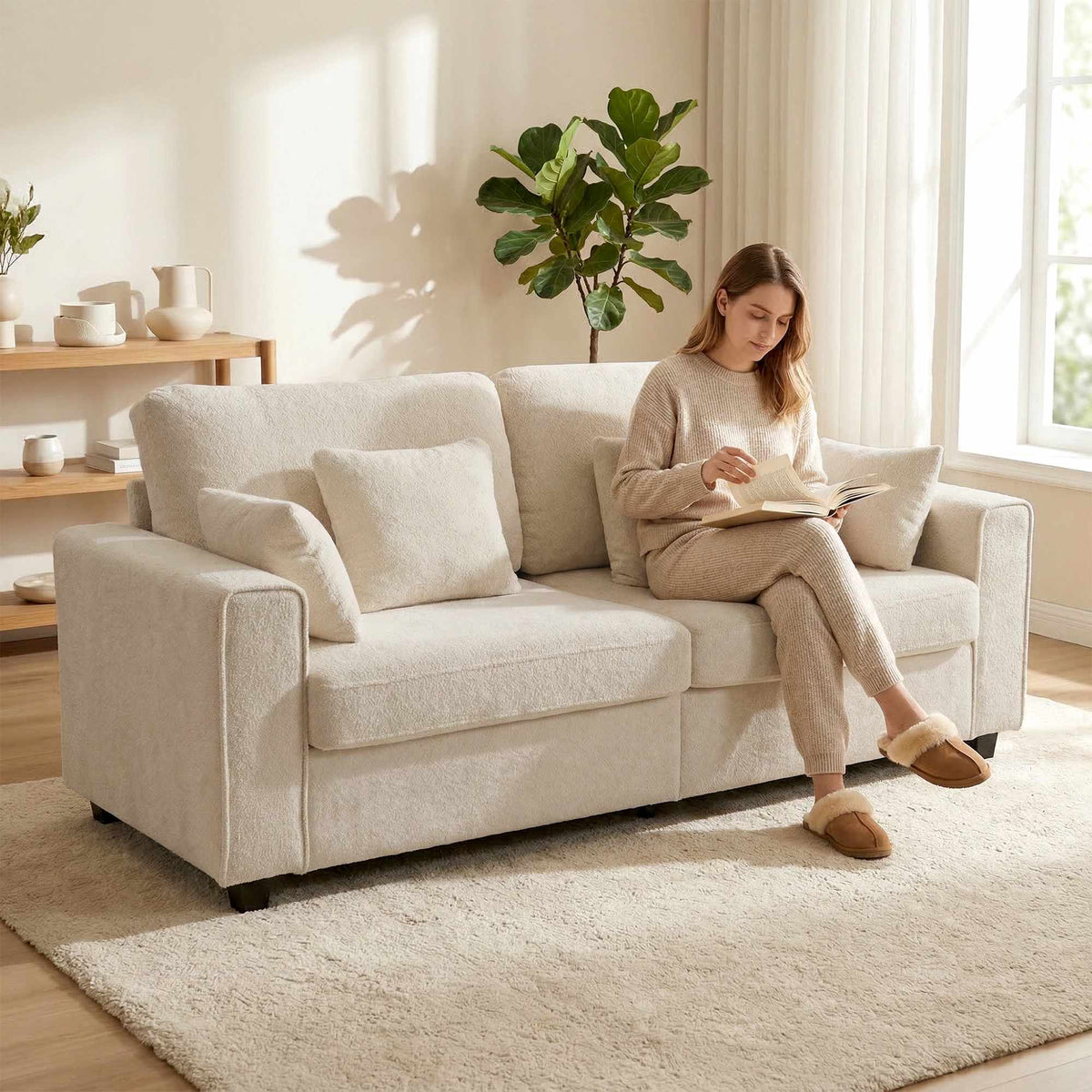 Beige 3-zitsbank met fluwelen bekleding en diepe zitting