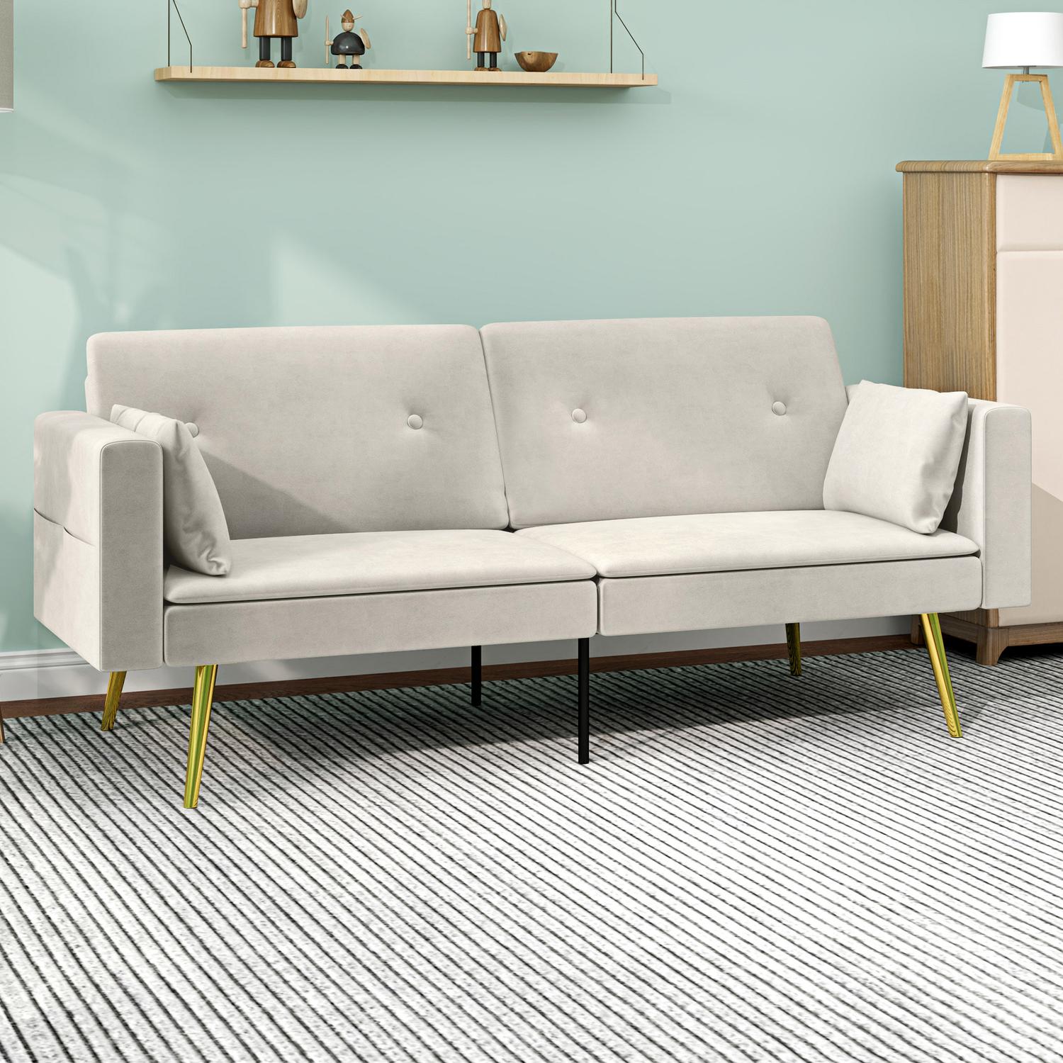 Beiges Schlafsofa, 2-Sitzer mit verstellbarer Rückenlehne & Tasche