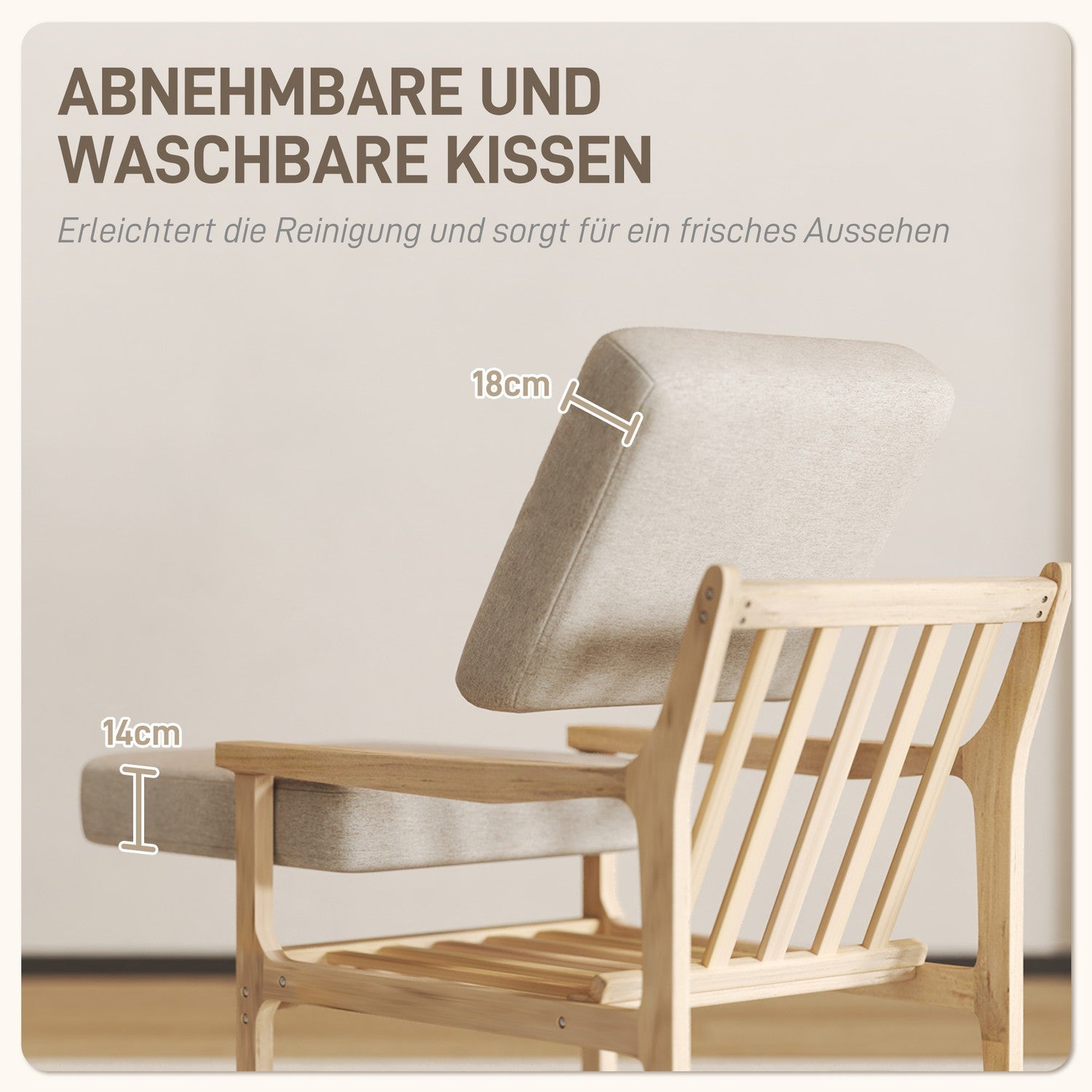 Beige fauteuil in linnenlook met houten poten en afneembare kussens