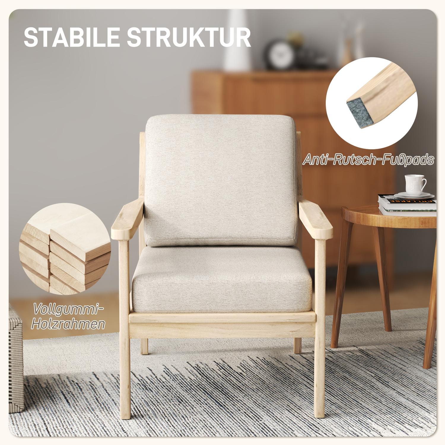 Beige fauteuil in linnenlook met houten poten en afneembare kussens