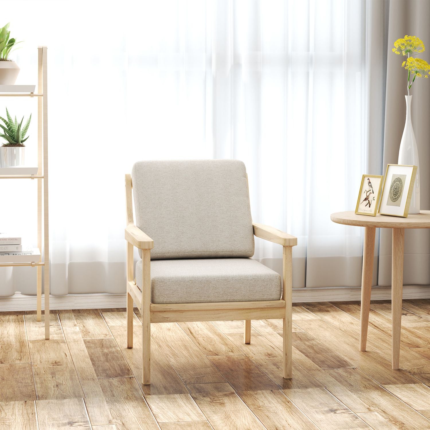 Beige fauteuil in linnenlook met houten poten en afneembare kussens