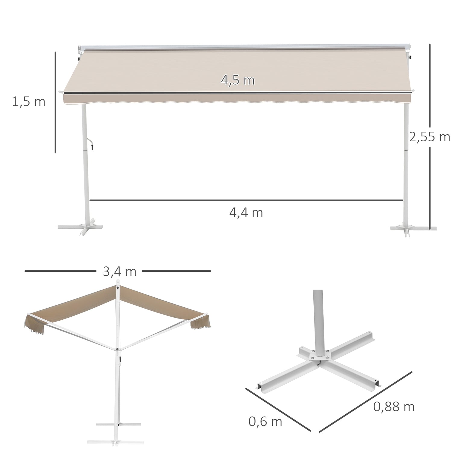 Beige inklapbaar terrasscherm, handbediend, 4,5x3,4M