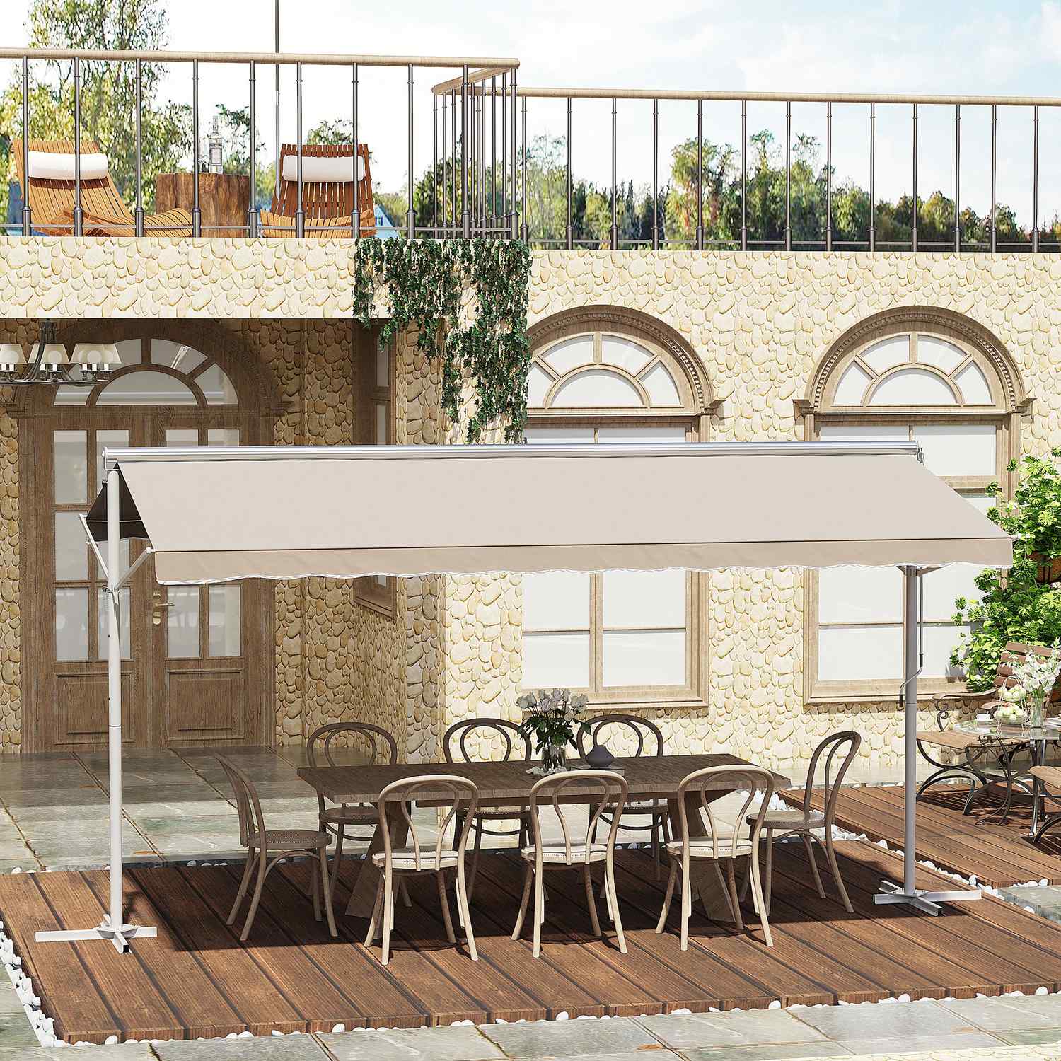 Beige inklapbaar terrasscherm, handbediend, 4,5x3,4M