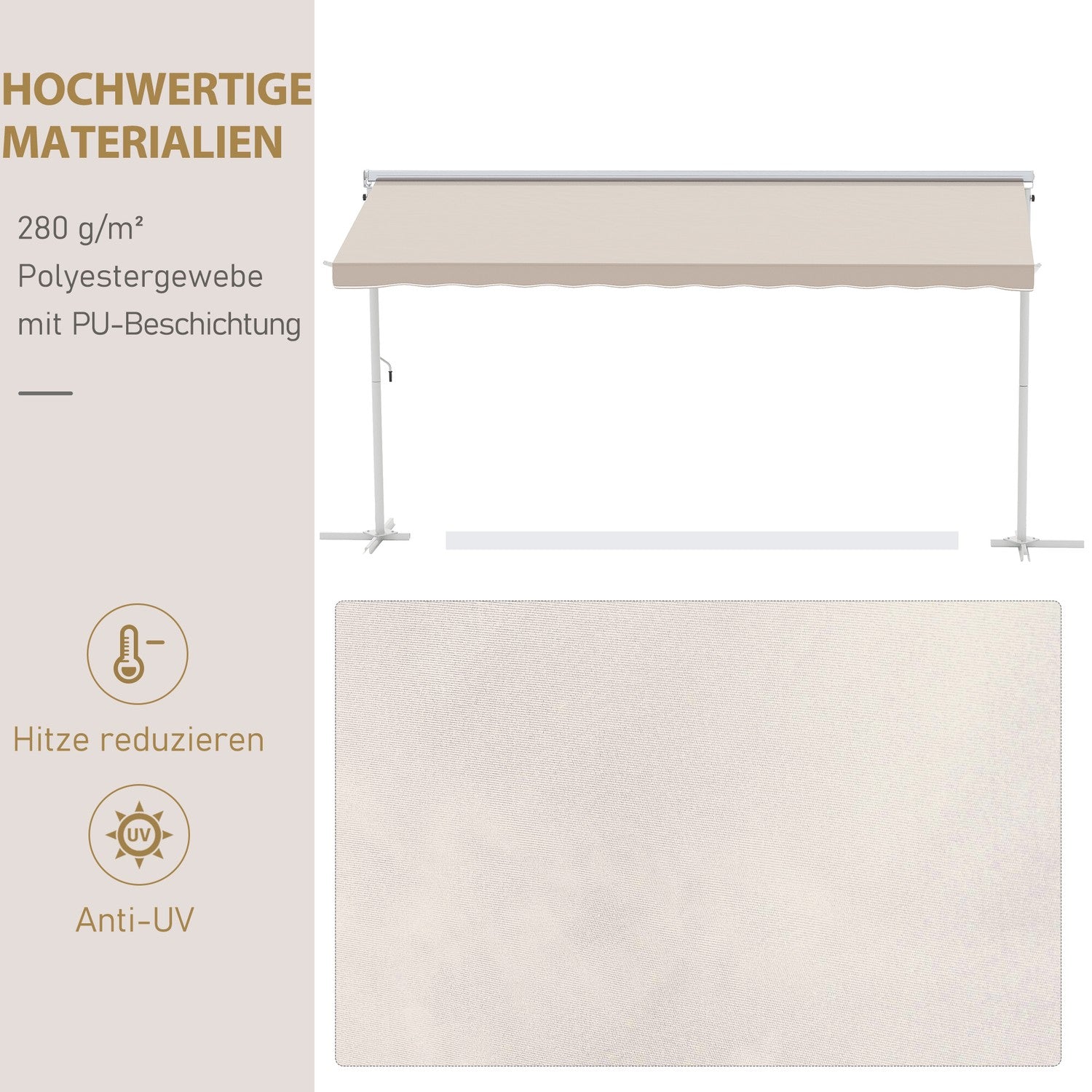 Beige inklapbaar terrasscherm, handbediend, 4,5x3,4M