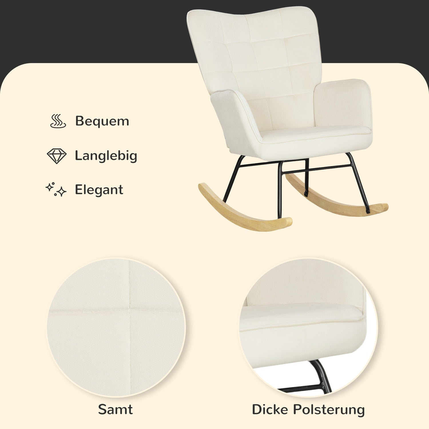 Beige fluwelen schommelstoel met houten poten