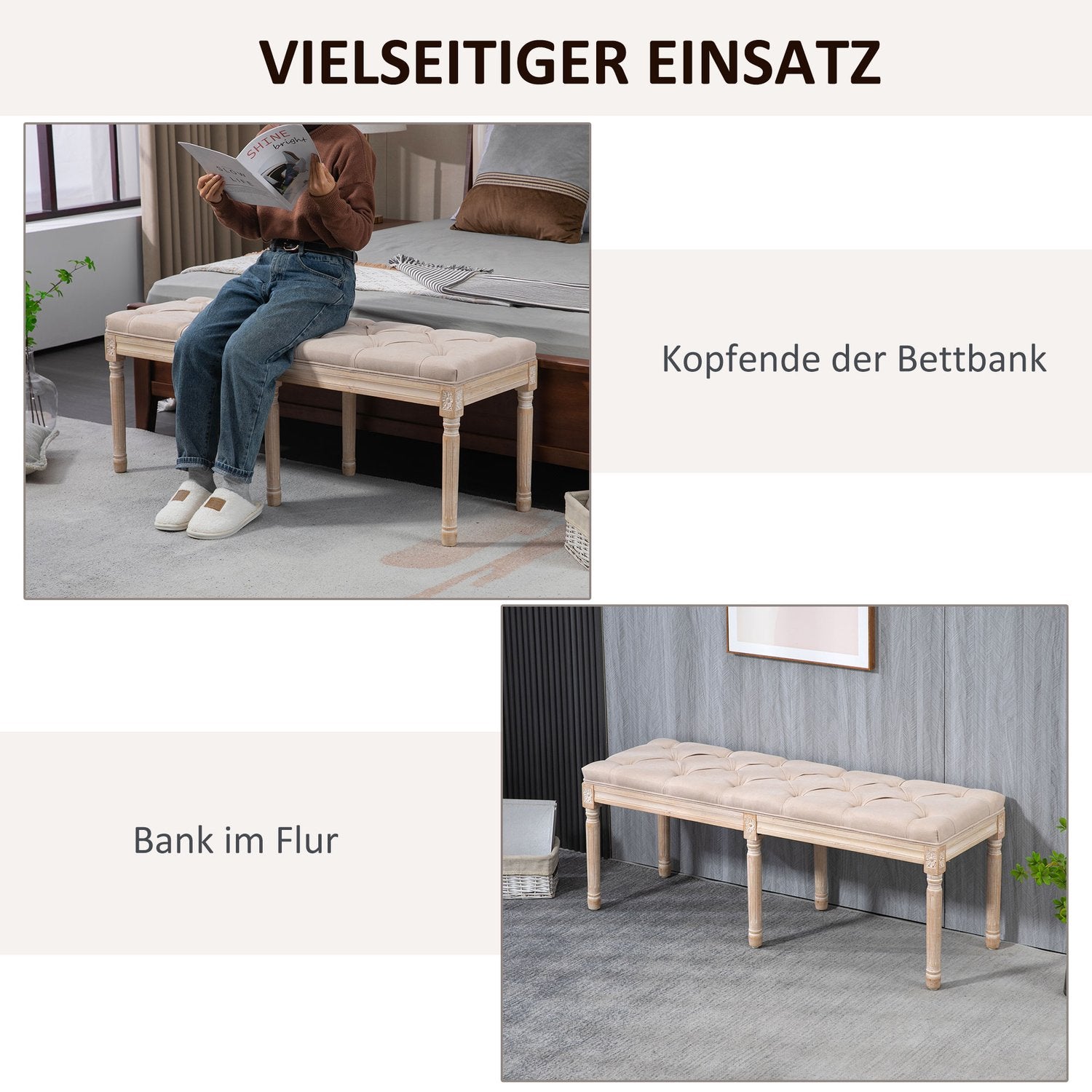 Beige gestoffeerde vintage bank, linnenlook, 117x40x48 cm