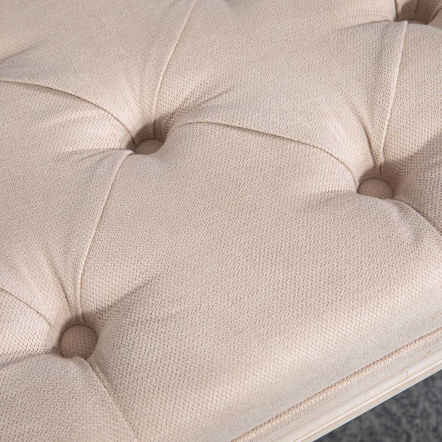 Beige gestoffeerde vintage bank, linnenlook, 117x40x48 cm