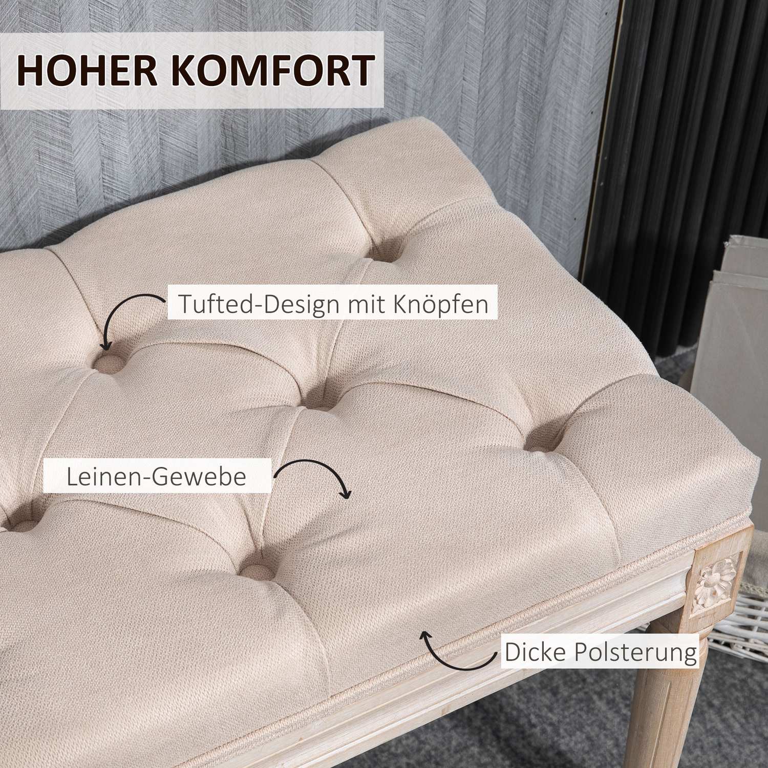 Beige gestoffeerde vintage bank, linnenlook, 117x40x48 cm