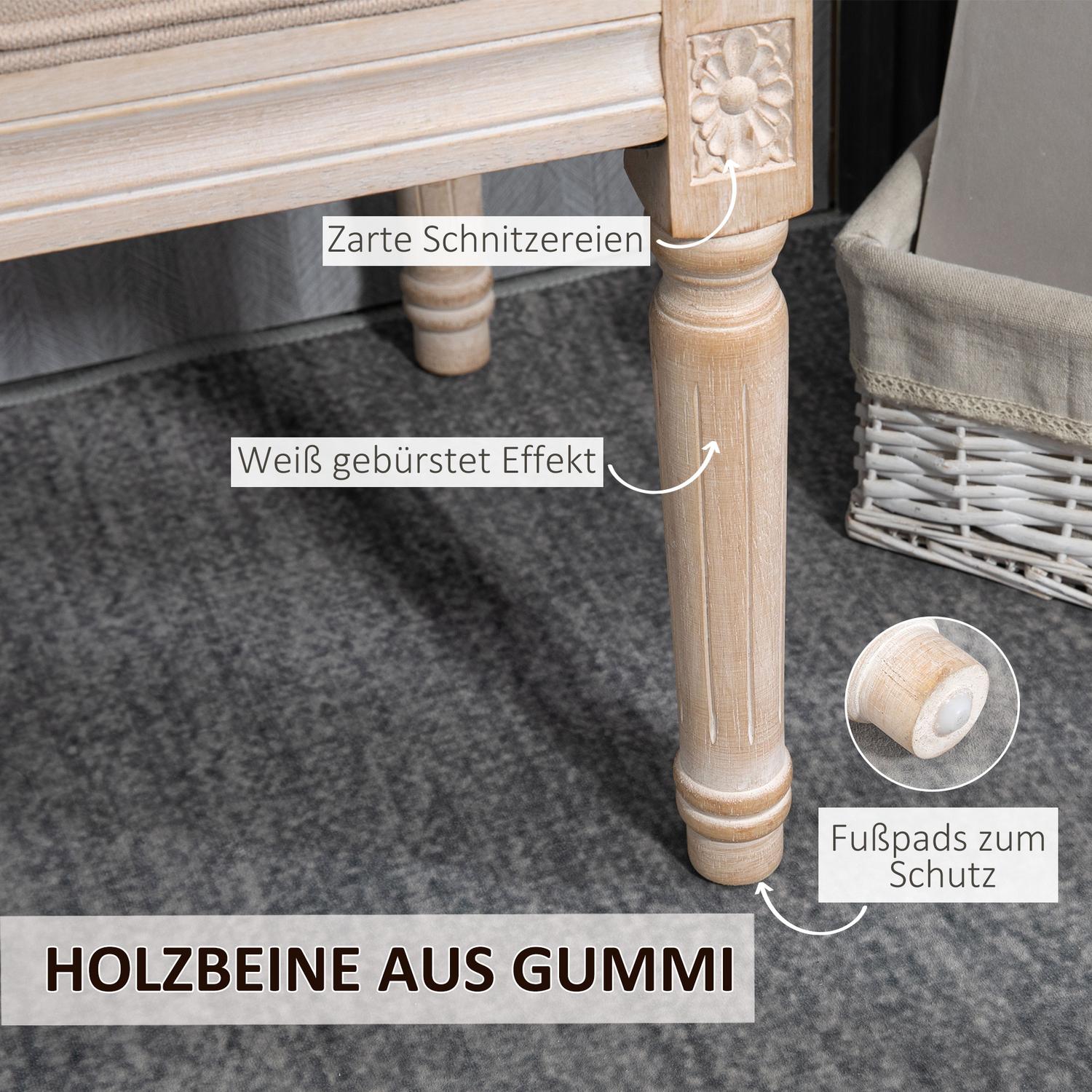 Beige gestoffeerde vintage bank, linnenlook, 117x40x48 cm
