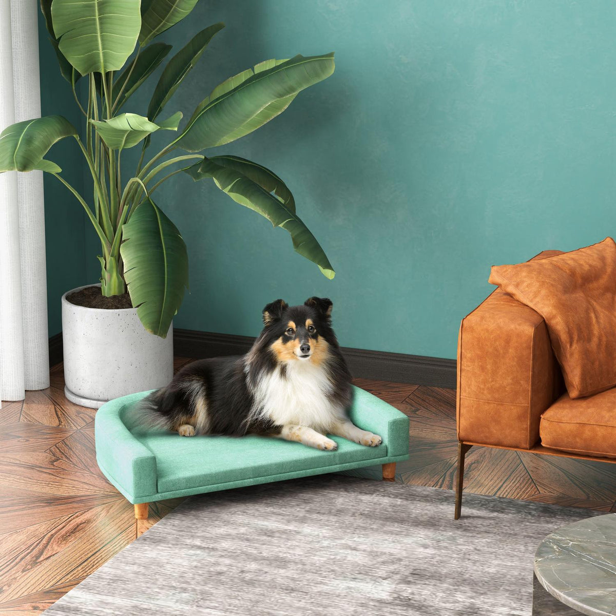 Comfortabele huisdierensofa met kussen, verhoogd groen design