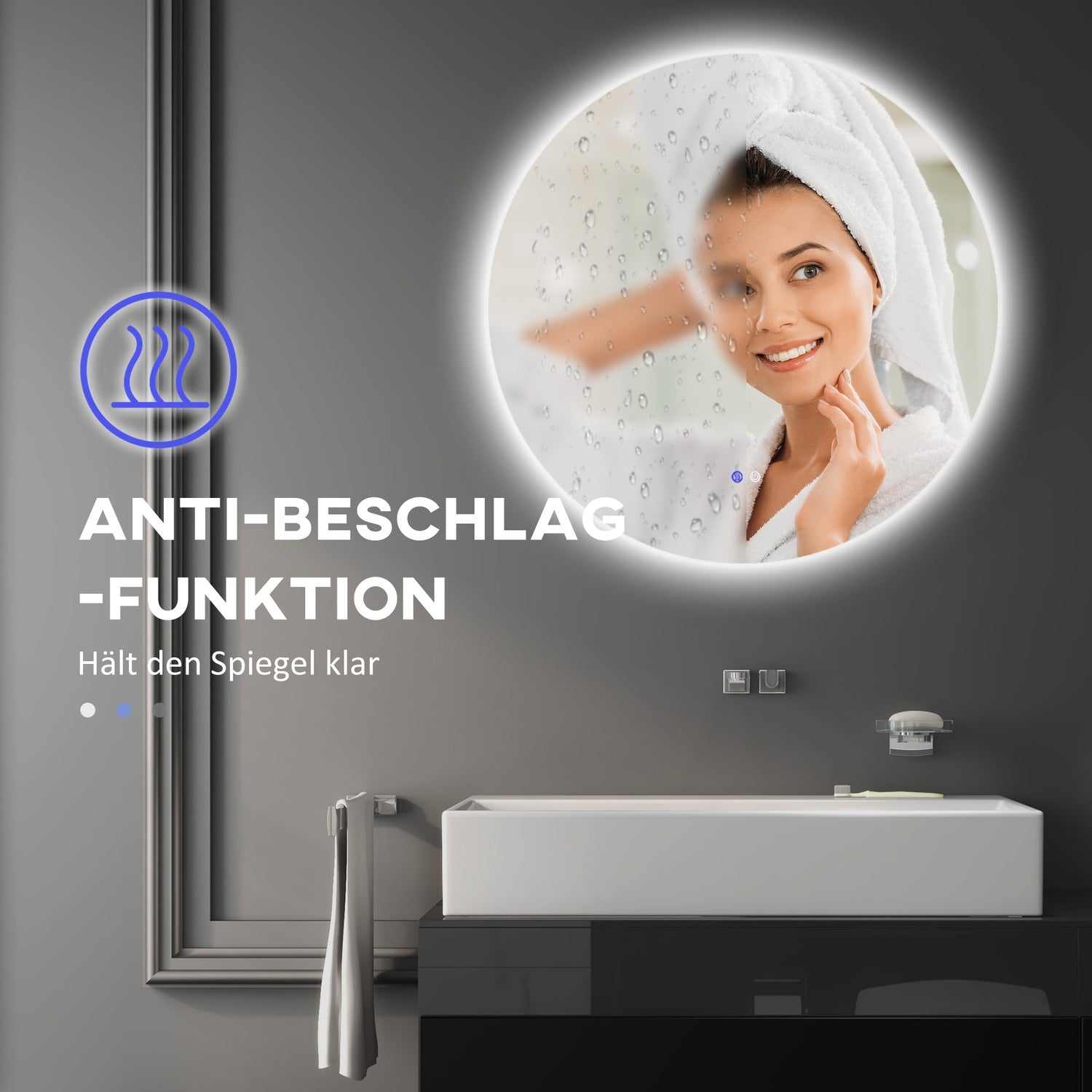Verlichte badkamerspiegel, Ø70 cm, Anti-Condens, Touchschakelaar