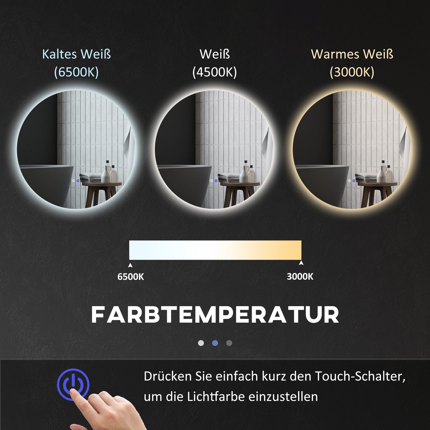 Verlichte badkamerspiegel, Ø70 cm, Anti-Condens, Touchschakelaar